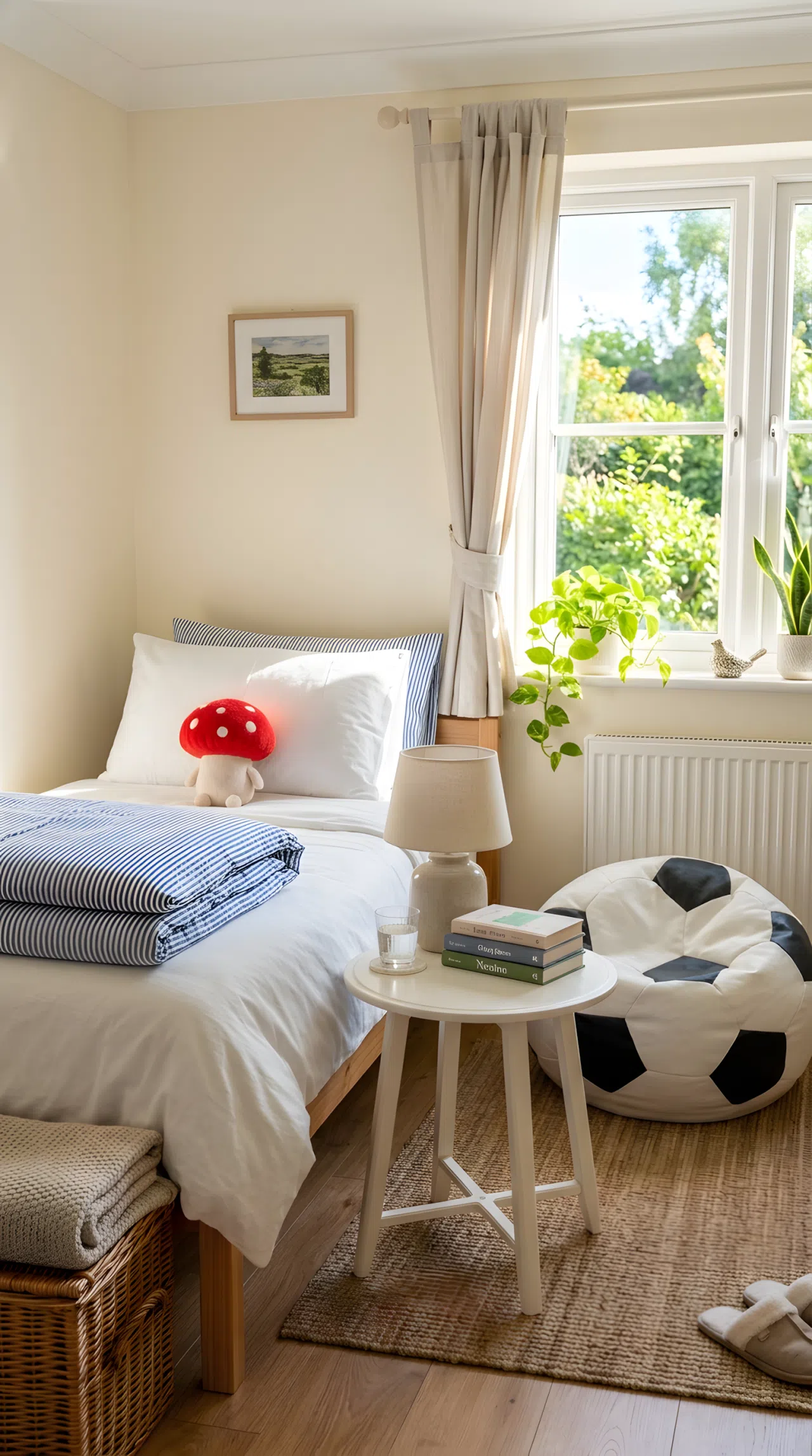 Real-life stock photograph of a bedroom corner, neatly made bed with a small red mushroom toy on the pillow, round black and white soccer ball bean bag chair placed near a window, beautifully arranged small side table beside it, organized clean space, bright natural light streaming in, vibrant colors, no people, no text overlays.