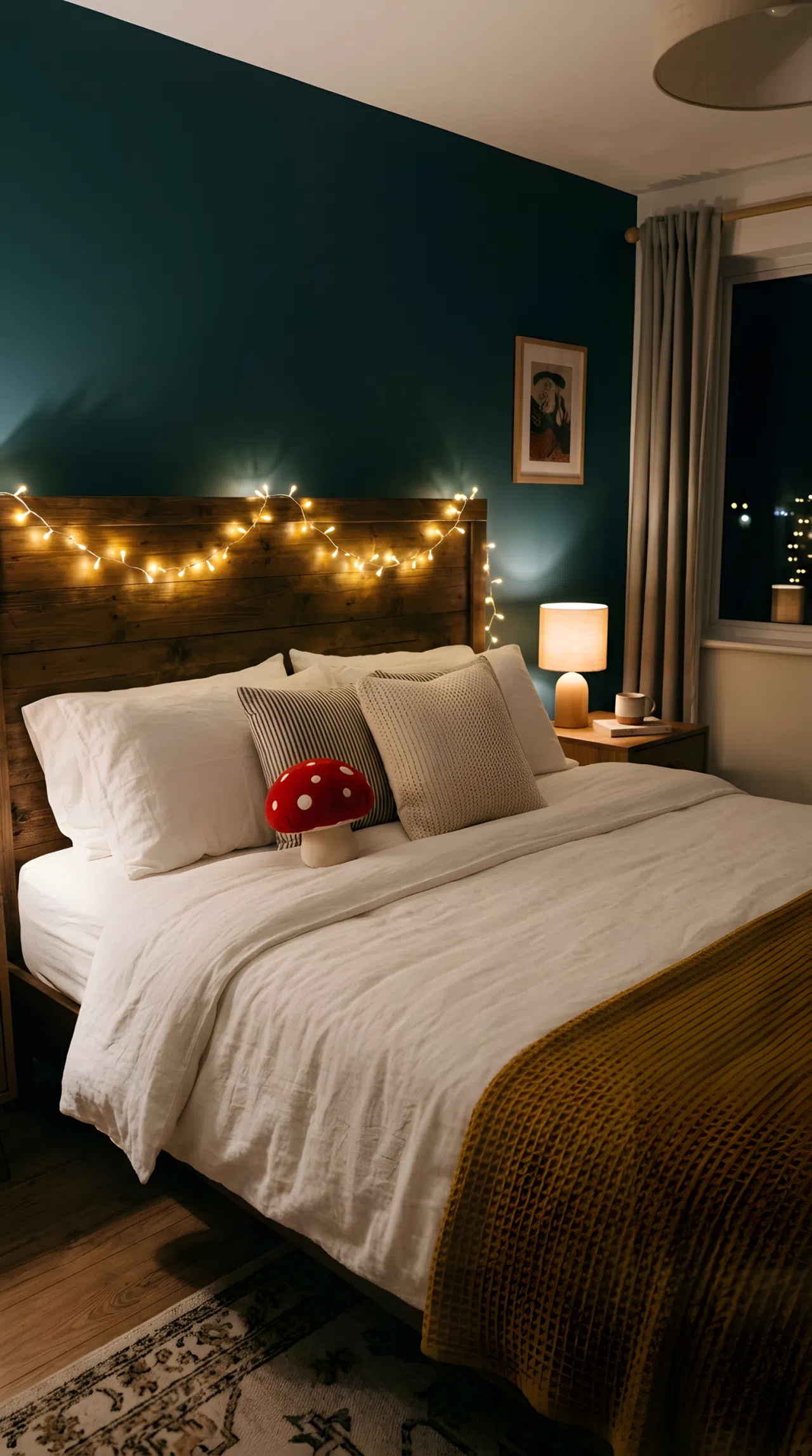Real-life stock photograph of a bedroom at night, neatly made bed with a small red mushroom toy on the blanket, warm white fairy lights draped loosely along the headboard and upper wall, soft overhead glow, organized clean styling, ambient warm lighting, vibrant color accents, no people, no text overlays.