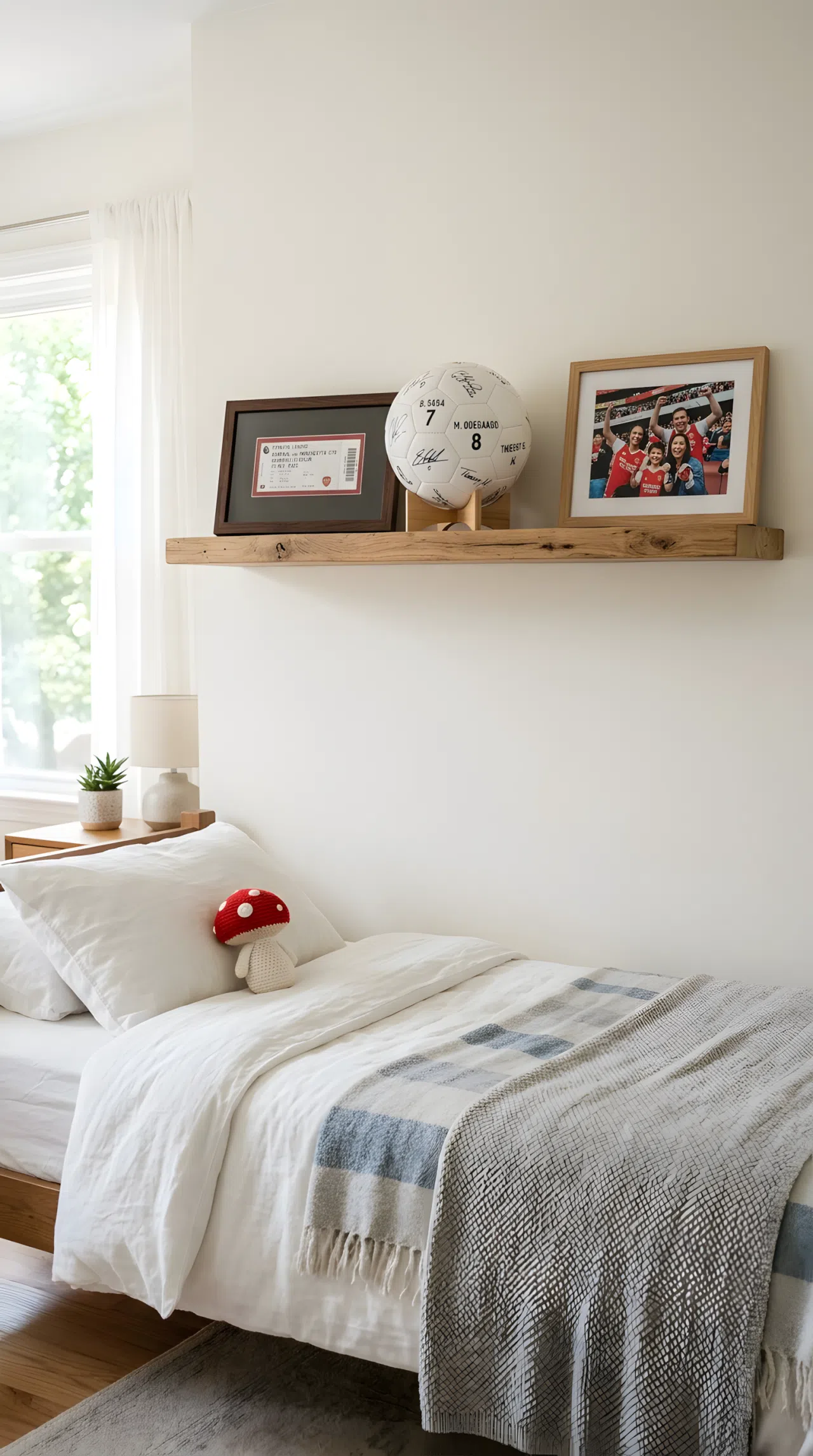 Real-life stock photograph of a bedroom wall, neatly made bed with a small red mushroom toy on the pillow, single floating wood shelf beautifully arranged with a signed soccer ball on a small stand, a framed ticket stub, and a framed photo, organized minimal display, clean styling, bright natural light from a window, vibrant colors, no people, no text overlays.