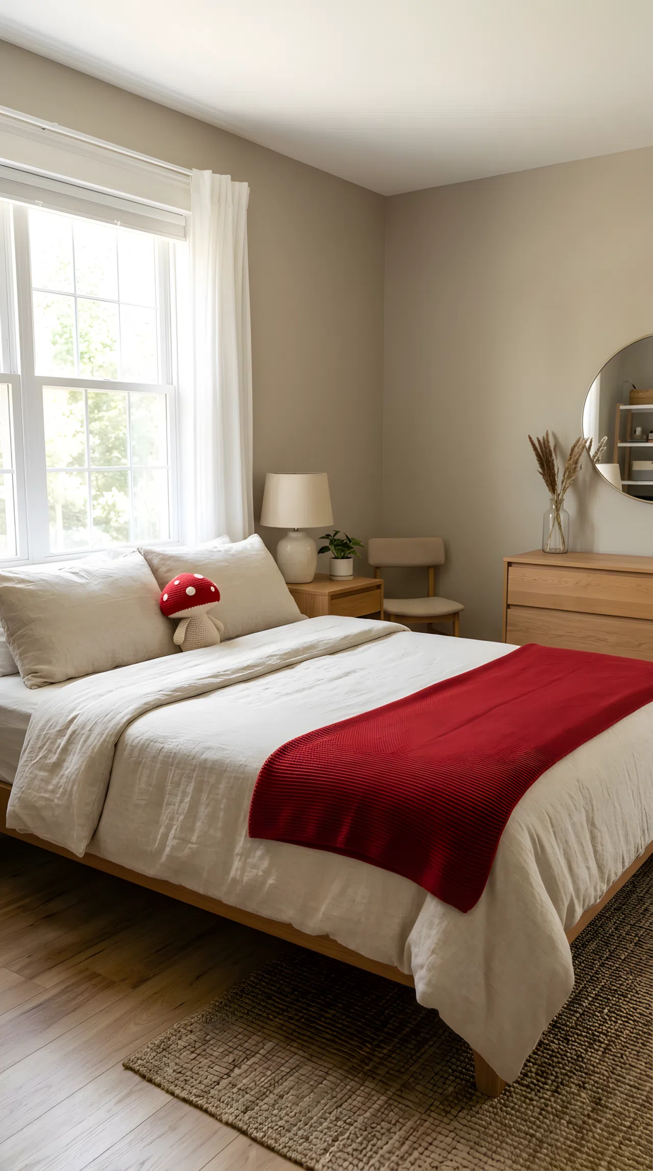 Real-life stock photograph of a bedroom with warm neutral walls and bedding, neatly made bed with a small red mushroom toy on the pillow, single bold red throw blanket (RGB 178,34,34) folded at the foot of the bed, organized minimal furniture, clean sophisticated styling, bright natural light through a window, vibrant red accent against neutral tones, no people, no text overlays.