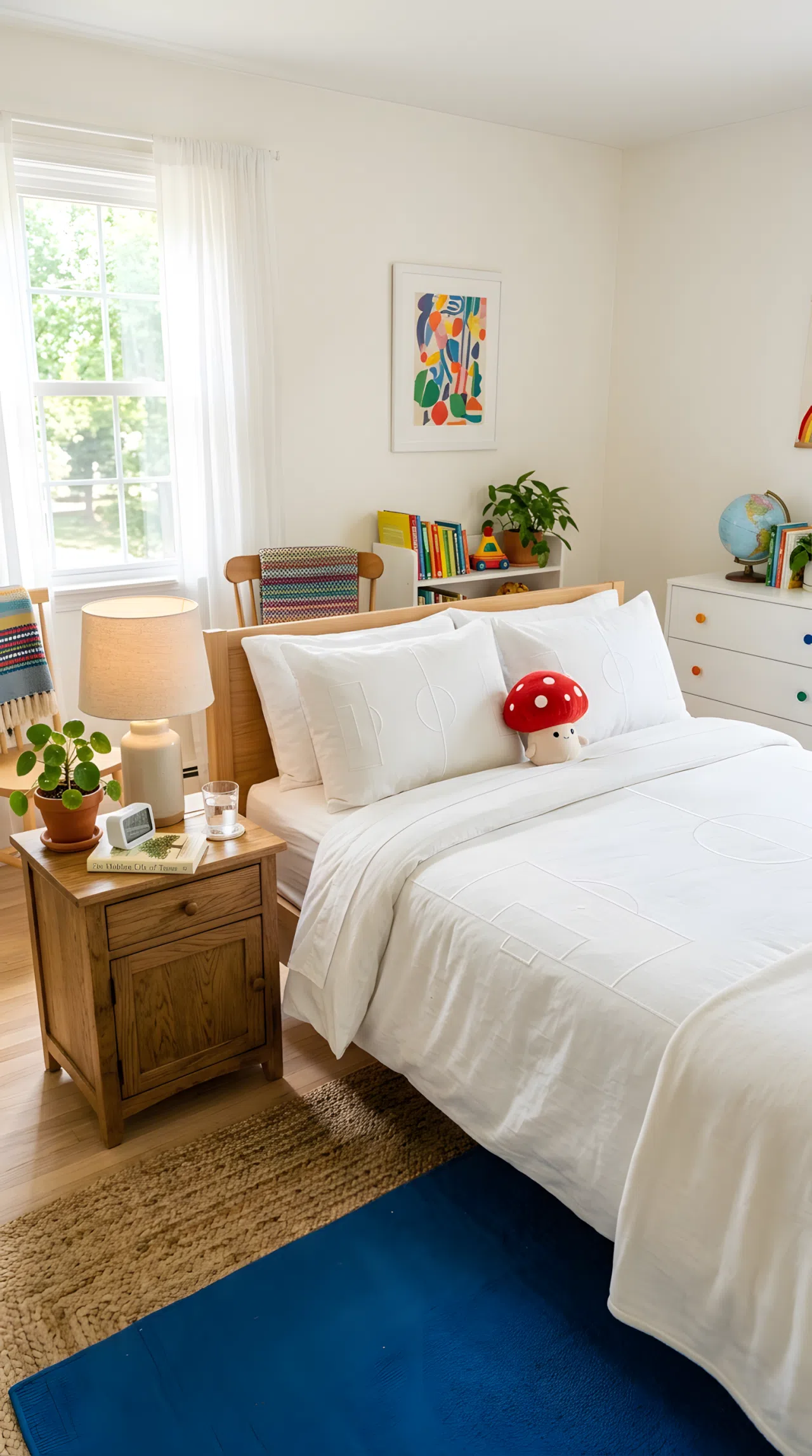 Real-life stock photograph of a bedroom, neatly made bed with white bedding featuring subtle stitched soccer pitch line details and a small red mushroom toy on the pillow, clean simple furniture around it, organized nightstand, bright natural light streaming through a window, vibrant color accents in the room, no people, no text overlays.