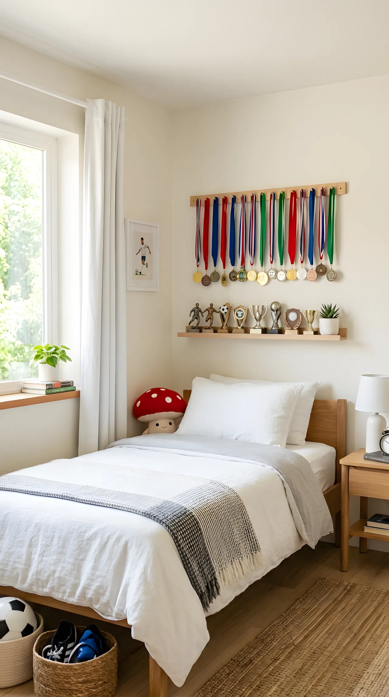 Real-life stock photograph of a tidy bedroom, neatly made bed with a small red mushroom toy tucked beside the pillow, a slim wooden wall rail beautifully arranged with hanging soccer medals, narrow shelf below holding organized trophies, clean minimal styling, bright natural light from a nearby window, vibrant color accents, no people, no text overlays.