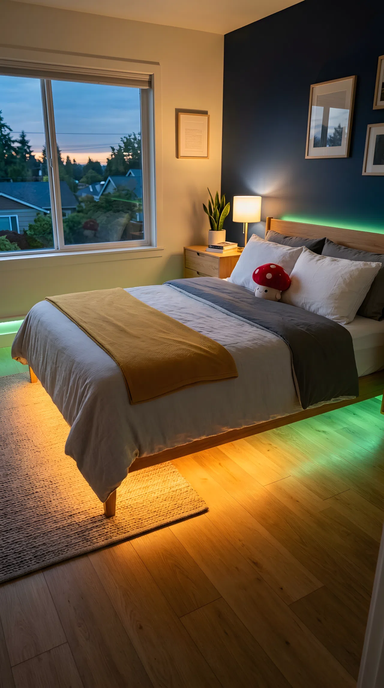 Real-life stock photograph of a bedroom at dusk, neatly made bed with a small red mushroom toy on the blanket, soft LED light strip positioned low along the base of the bed frame casting a warm glow across the floor like stadium floodlights, gentle green accent light (RGB 34,139,34) glowing along the baseboard, organized clean room, bright natural light fading into cozy ambient glow, vibrant colors, no people, no text overlays.