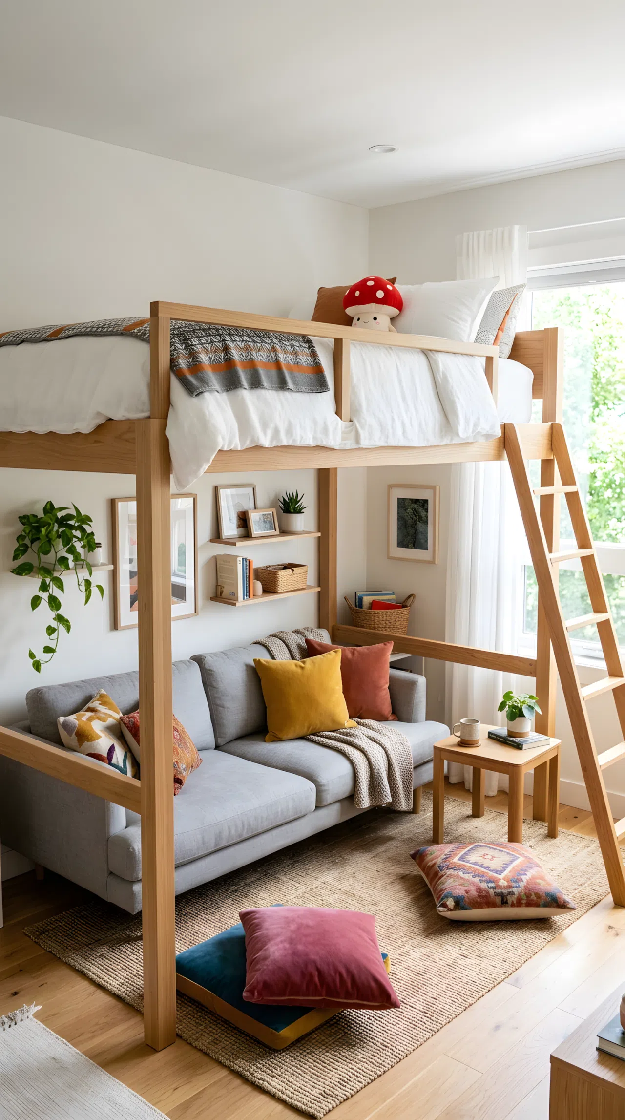 Real-life stock photograph of a bedroom with a raised loft bed, neatly made bed on top with a small red mushroom toy resting on the pillow, open lounge zone underneath with a low sofa and floor cushions, beautifully arranged organized space, clean modern furniture, bright natural light from a window, vibrant colors, no people, no text overlays.