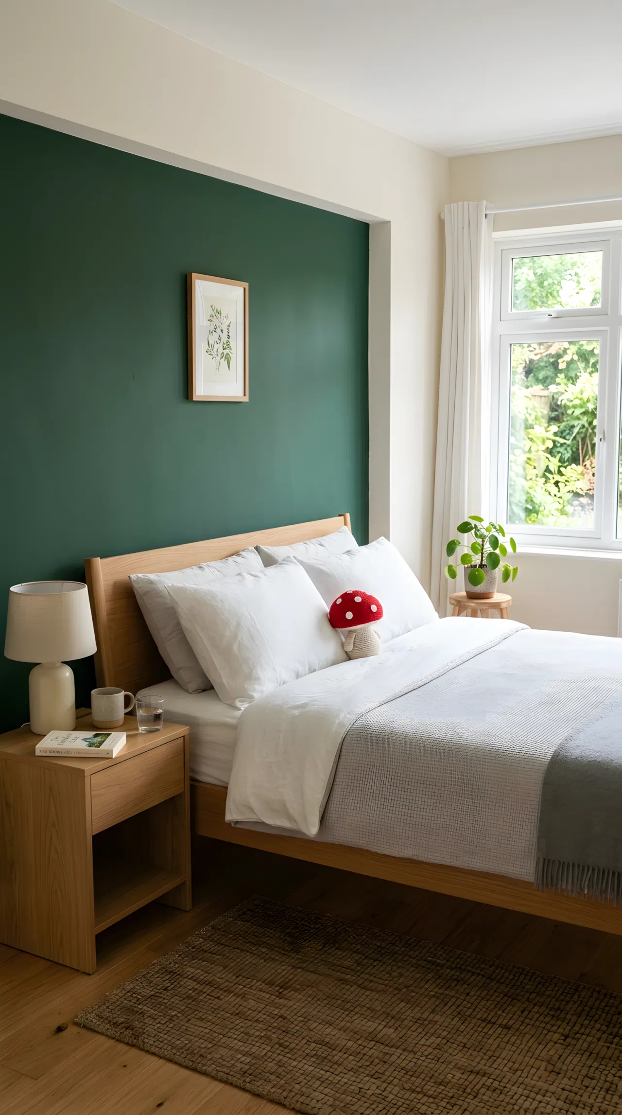 Real-life stock photograph of a bedroom with one accent wall painted deep pitch green (RGB 34,85,51), neatly made bed with a small red mushroom toy on the pillow, remaining walls in warm white, clean minimal furniture, organized nightstand, bright natural light through a window, vibrant color contrast, no people, no text overlays.