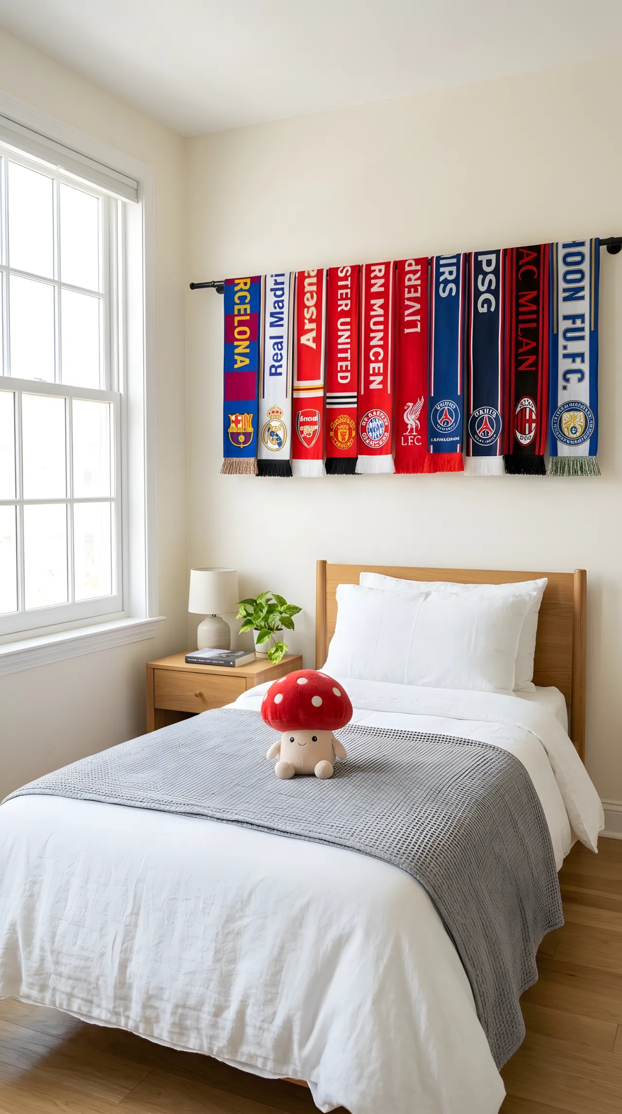 Real-life stock photograph of a bedroom wall, neatly made bed with a small red mushroom toy on the blanket, slim black curtain rod mounted on the wall beautifully arranged with hanging soccer scarves in varied team colors, organized even spacing, clean simple styling, bright natural light from a nearby window, vibrant colors, no people, no text overlays.