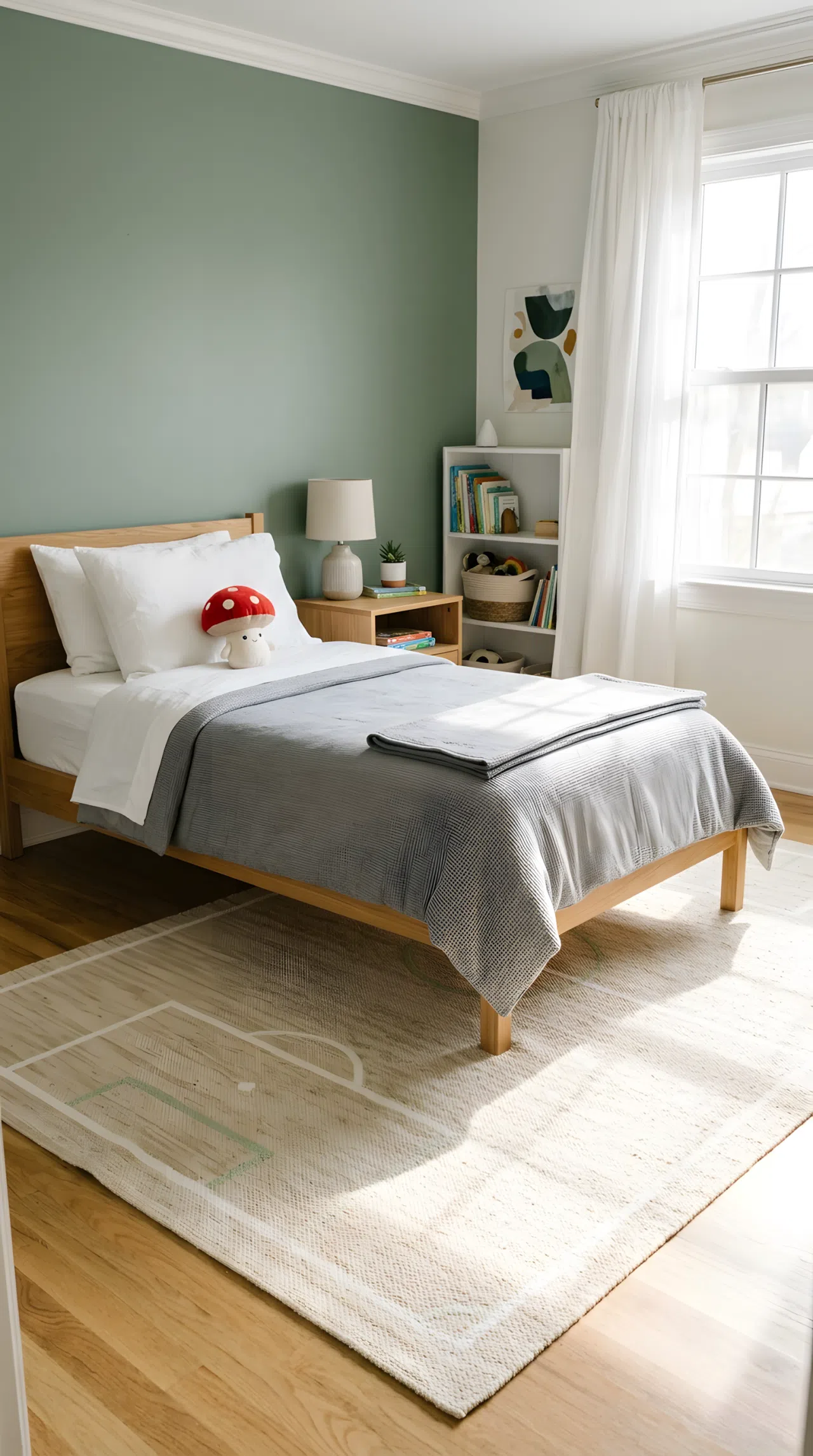 Real-life stock photograph of a bedroom floor, neatly made bed with a small red mushroom toy on the pillow, low-pile area rug with subtle soccer pitch line markings extending from under the bed, organized clean room, minimal furniture, bright natural light streaming across the rug, vibrant color accents, no people, no text overlays.