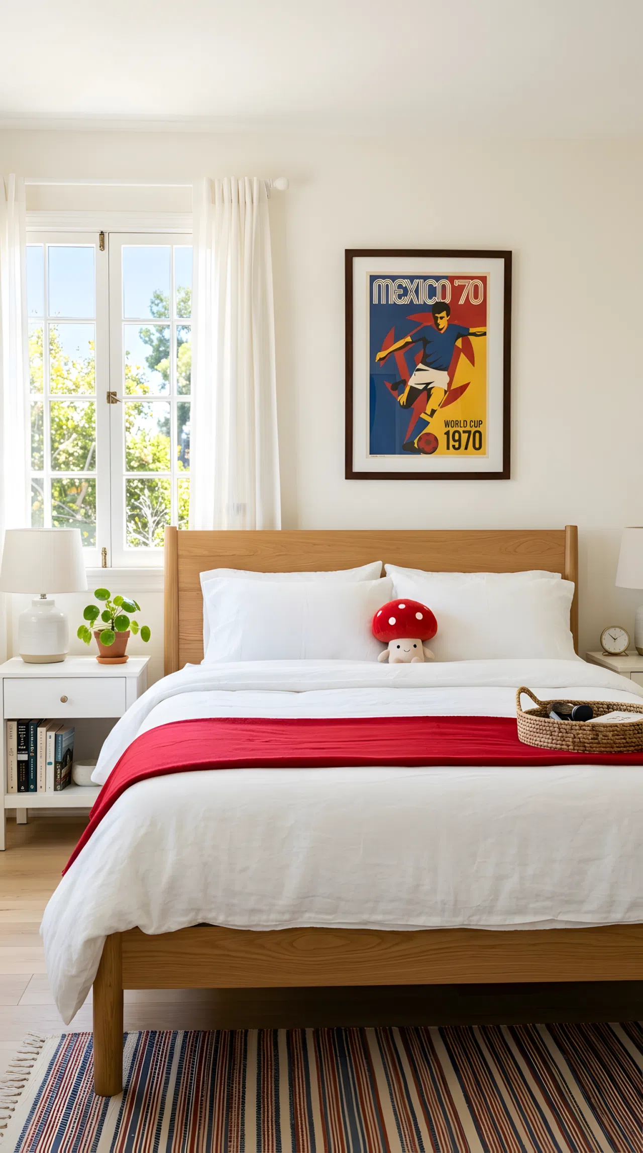Real-life stock photograph of a bedroom, neatly made bed with a small red mushroom toy on the pillow, framed vintage World Cup poster above the headboard featuring coordinated blue (RGB 30,60,120), red (RGB 180,30,40), and yellow (RGB 230,190,60) tones, bedding pulling in matching red accent color, organized clean styling, bright natural light through a window, vibrant colors, no people, no text overlays.