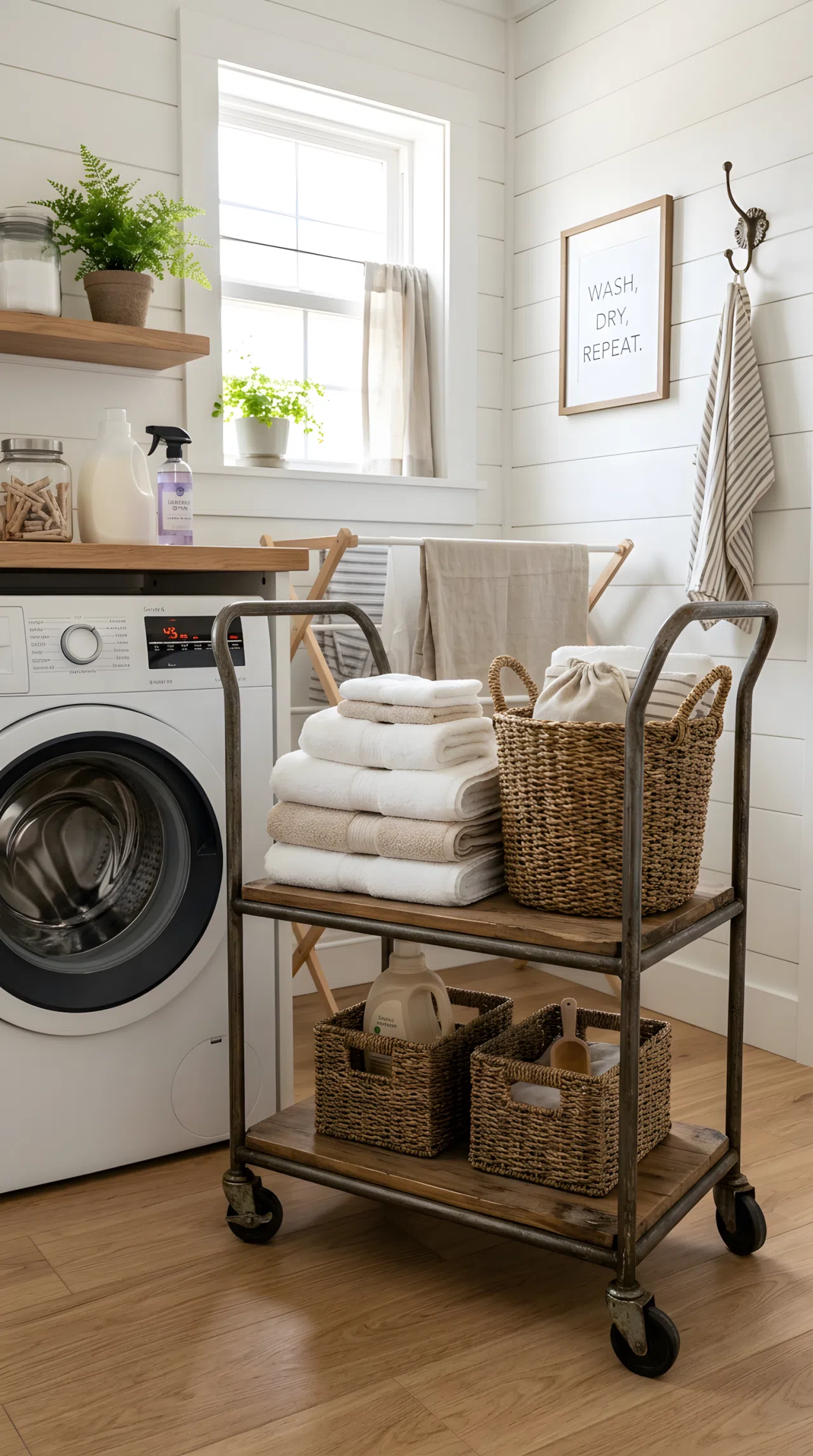 A vintage metal and wood rolling laundry cart holding neatly folded towels and a woven basket, positioned beside a washing machine in a small home laundry room, bright natural light, beautifully arranged, real-life stock photography style, no people