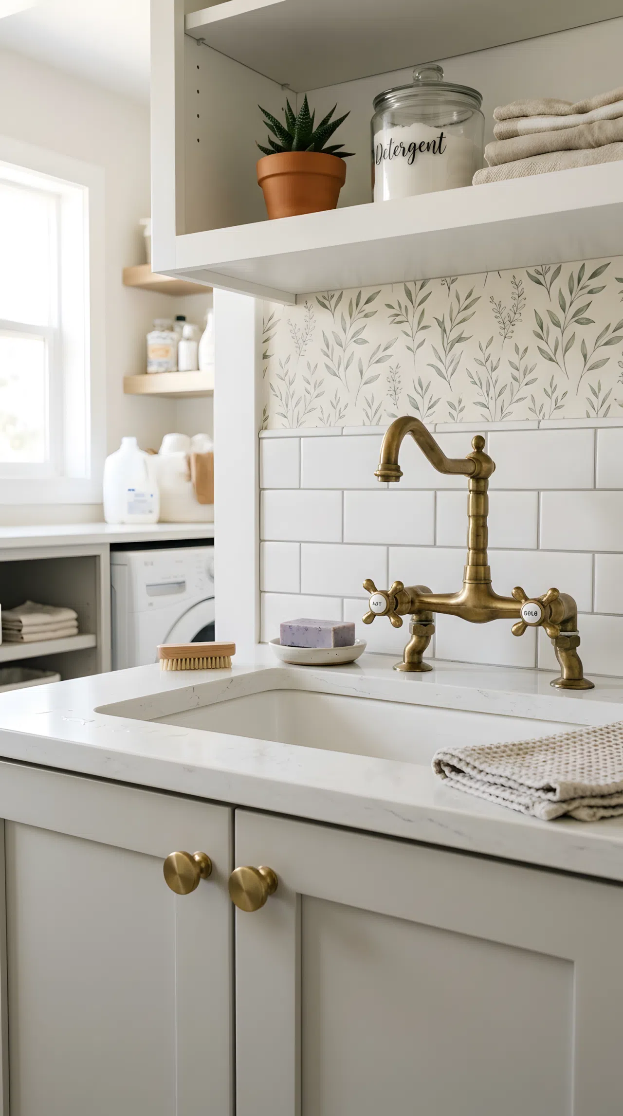Close-up of new brass cabinet knobs and a vintage-style faucet handle in a laundry room, small strip of peel-and-stick wallpaper above the counter, neatly arranged, clean, bright natural light, real-life stock photography style