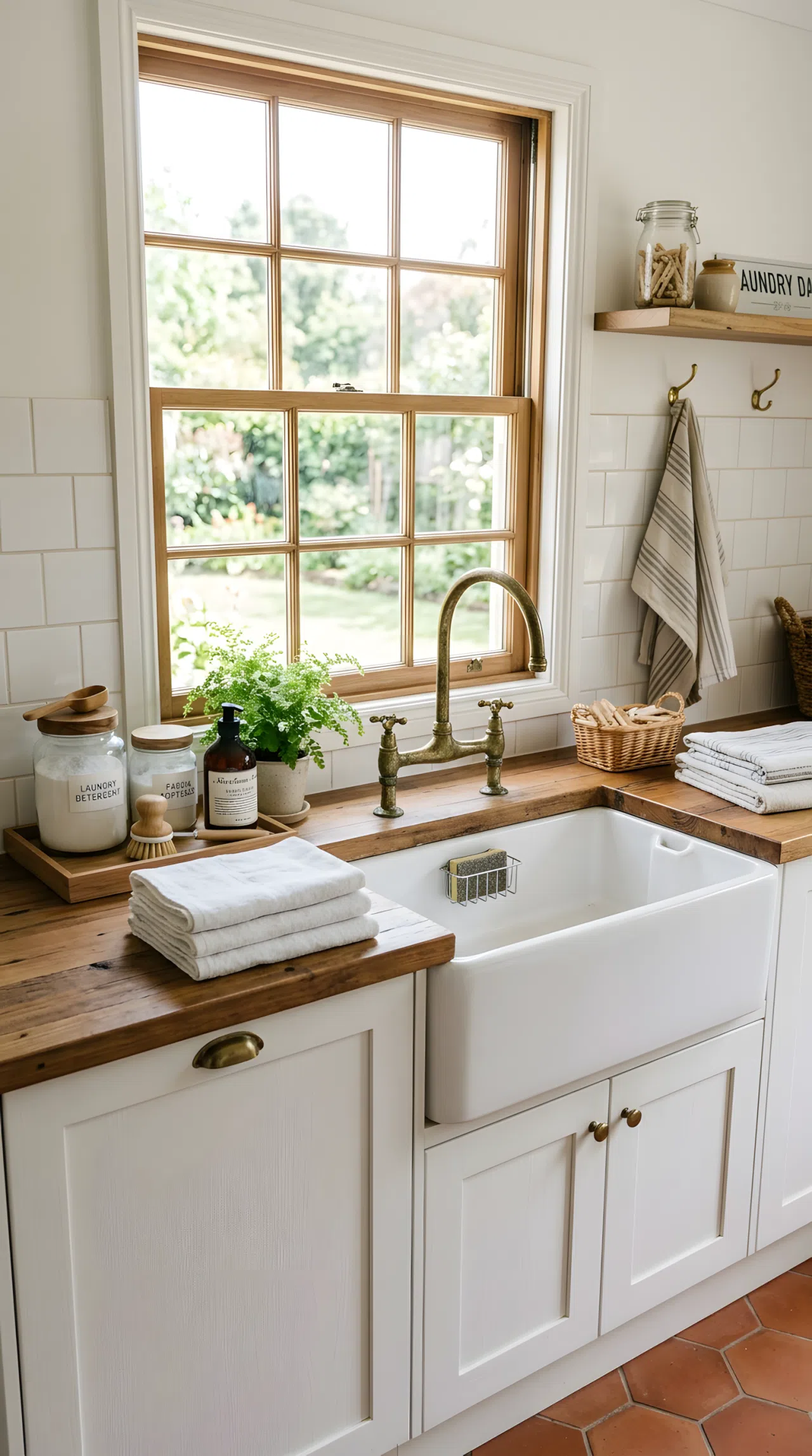 A vintage white farmhouse apron-front sink with an aged brass gooseneck faucet in a laundry room, neatly arranged countertop nearby, clean, organized, bright natural light, real-life stock photography style, no people