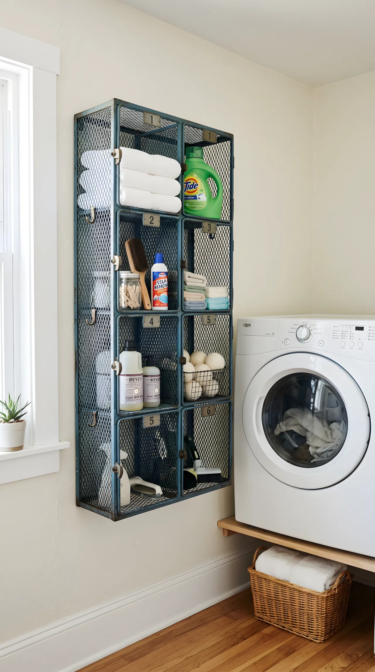 Vintage wire schoolhouse lockers mounted on a wall near a dryer, holding neatly arranged laundry supplies, organized, clean, bright natural light, real-life stock photography style, no people, no text overlays
