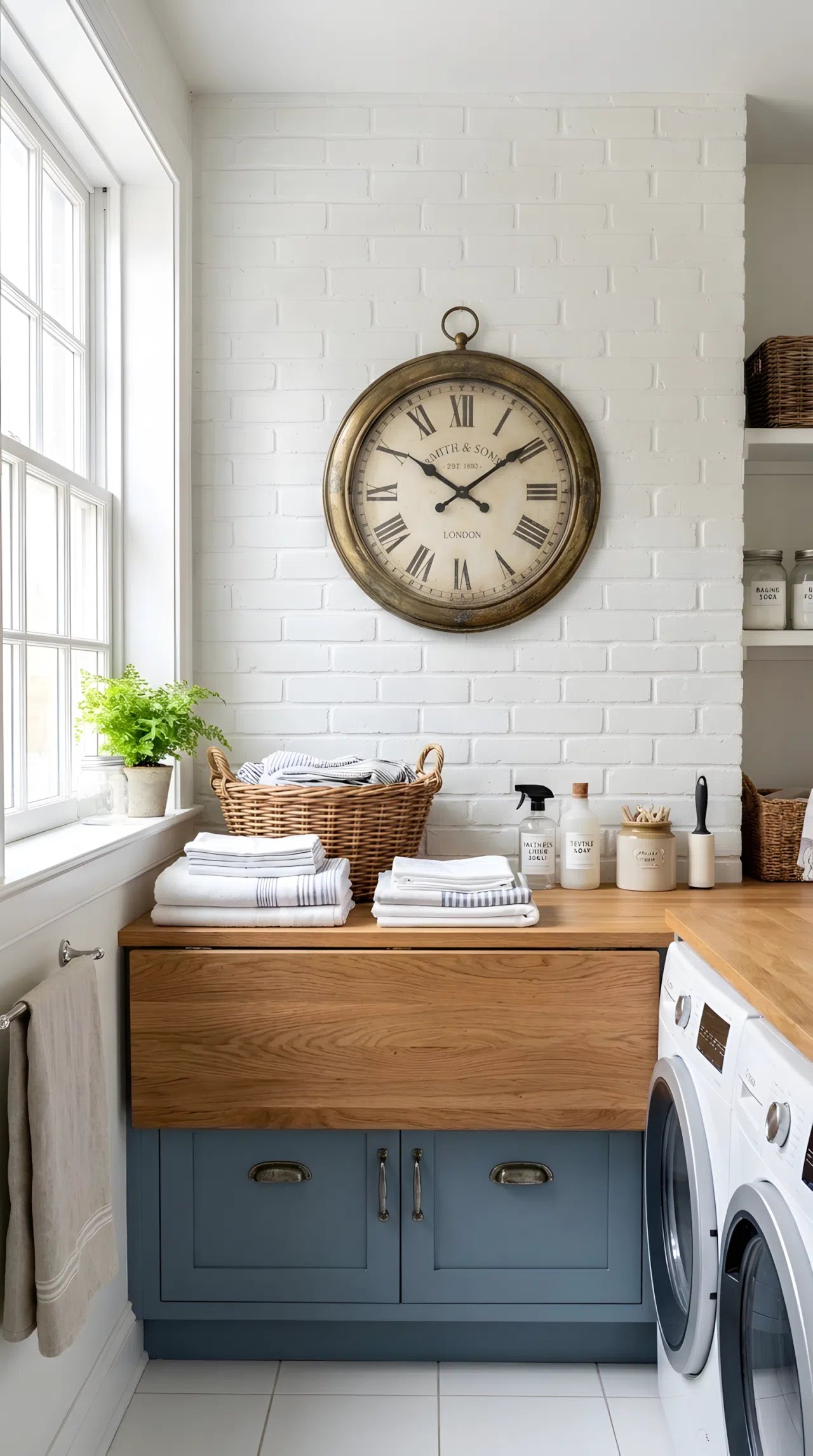 An oversized weathered vintage wall clock mounted above a laundry folding counter, aged brass frame, neatly arranged surroundings, clean, bright natural light, real-life stock photography style, no people