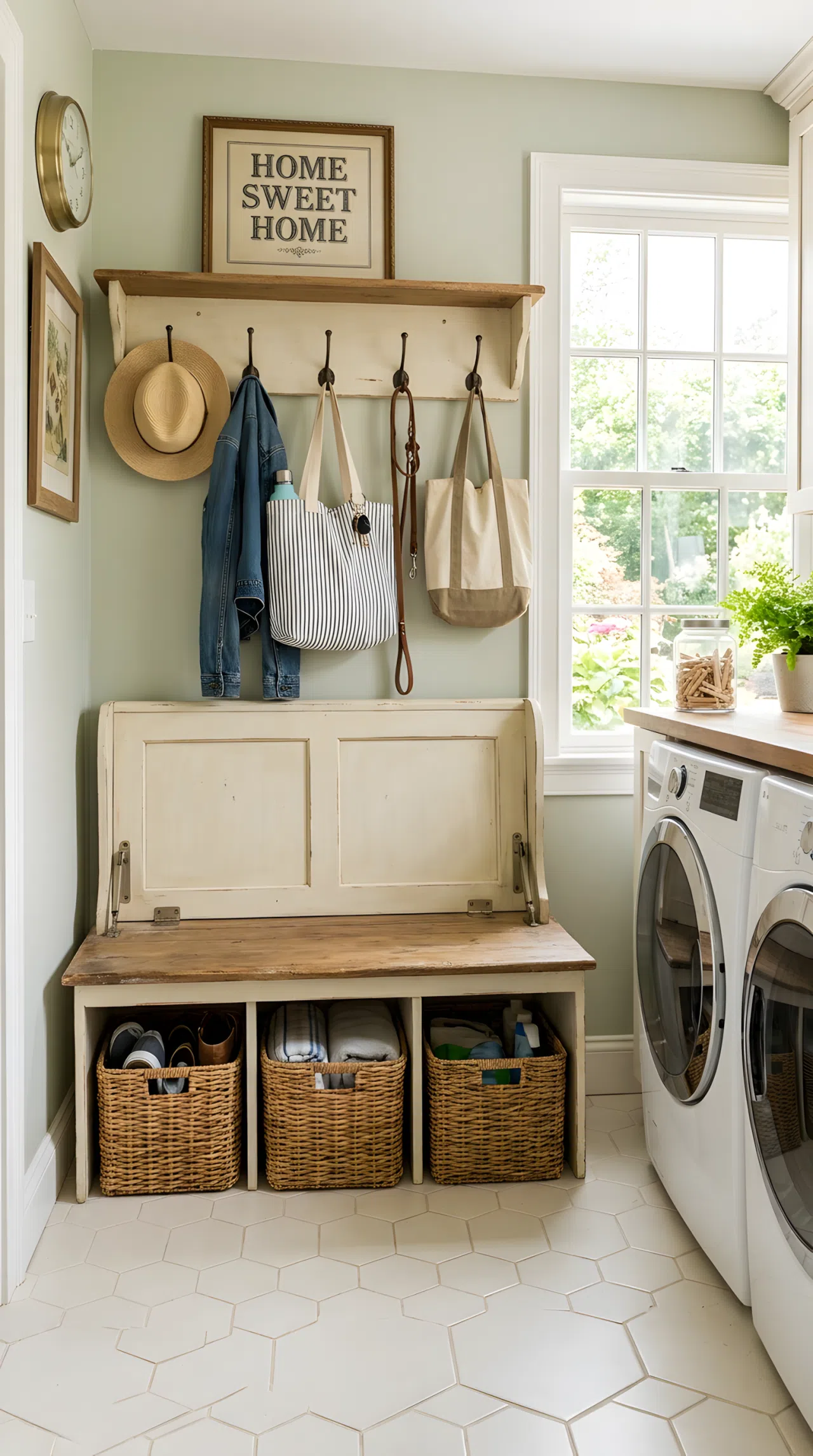 A vintage-style fold-out mudroom bench in a laundry room with woven baskets underneath and coat hooks above, neatly arranged, organized, bright natural light, real-life stock photography style, no people