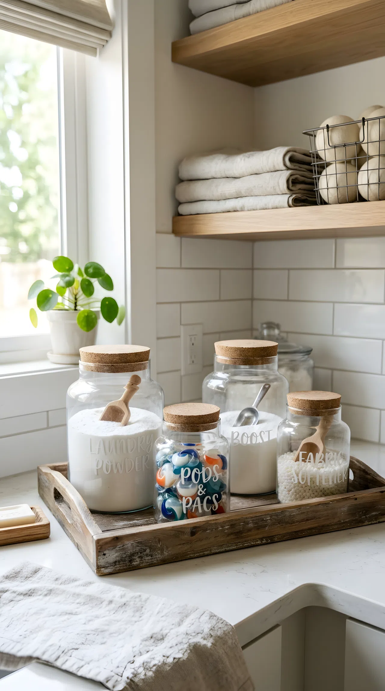 Glass apothecary jars filled with laundry powder and pods, neatly arranged on a wooden tray on a countertop, hand-lettered labels, organized, clean, bright natural light, real-life stock photography style, no text overlays