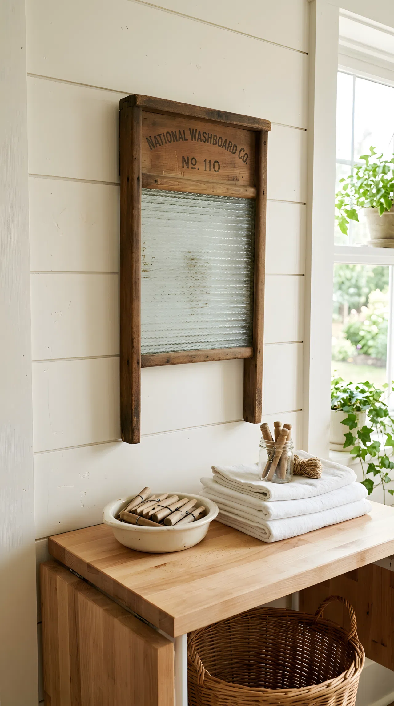 An antique wooden washboard mounted on a wall above a laundry folding counter, small dish of vintage clothespins nearby, neatly arranged, organized, bright natural light, real-life stock photography style, no people