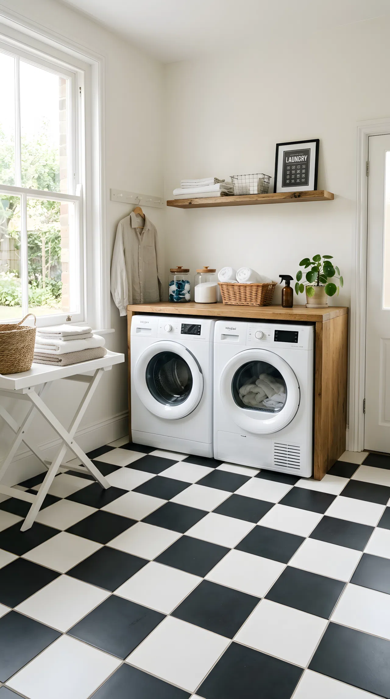 Vintage black and white checkered laundry room flooring, RGB(20,20,20) black and RGB(245,245,240) off-white squares, washer and dryer against a plain wall, clean, beautifully arranged, bright natural light, real-life stock photography style
