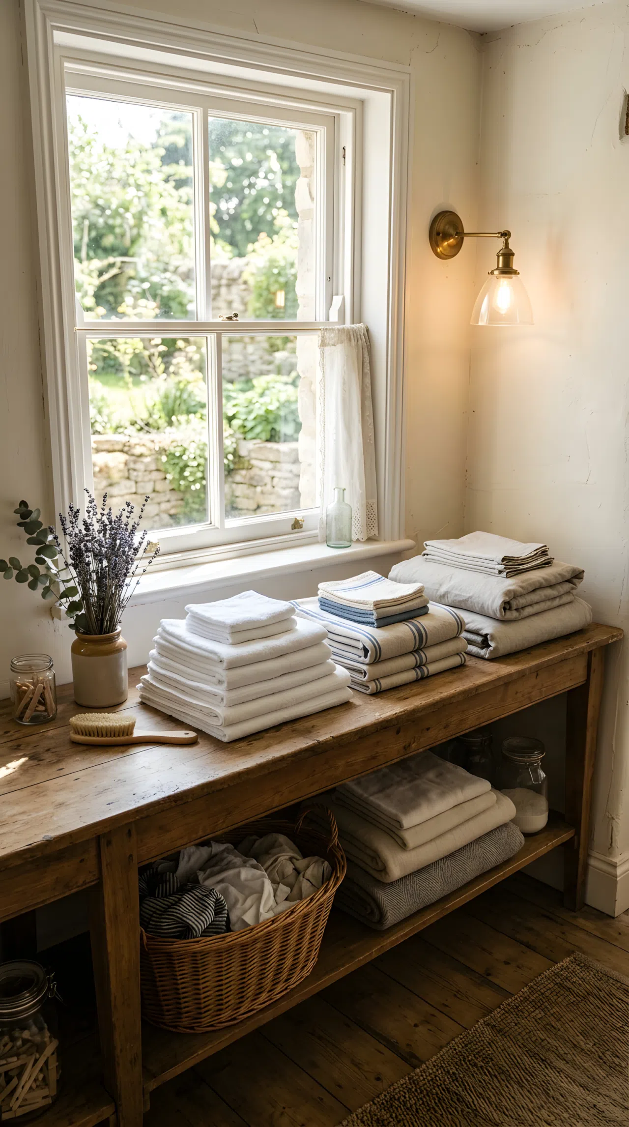 A vintage laundry folding counter positioned directly beneath a window, sunlight raking sideways across neatly folded linens, warm sconce angled low beside the counter, organized, bright natural light, real-life stock photography style, no people