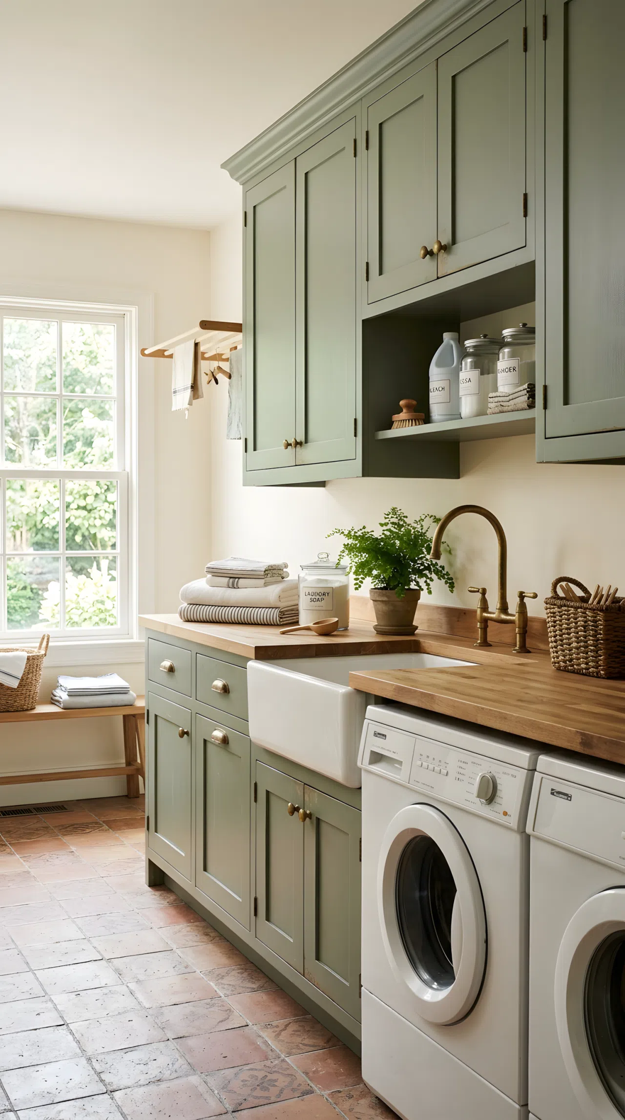 Vintage laundry room cabinets painted RGB(122,138,113) sage green with RGB(250,246,235) cream walls, worn brass hardware, neatly arranged, clean, bright natural light, real-life stock photography style, no people