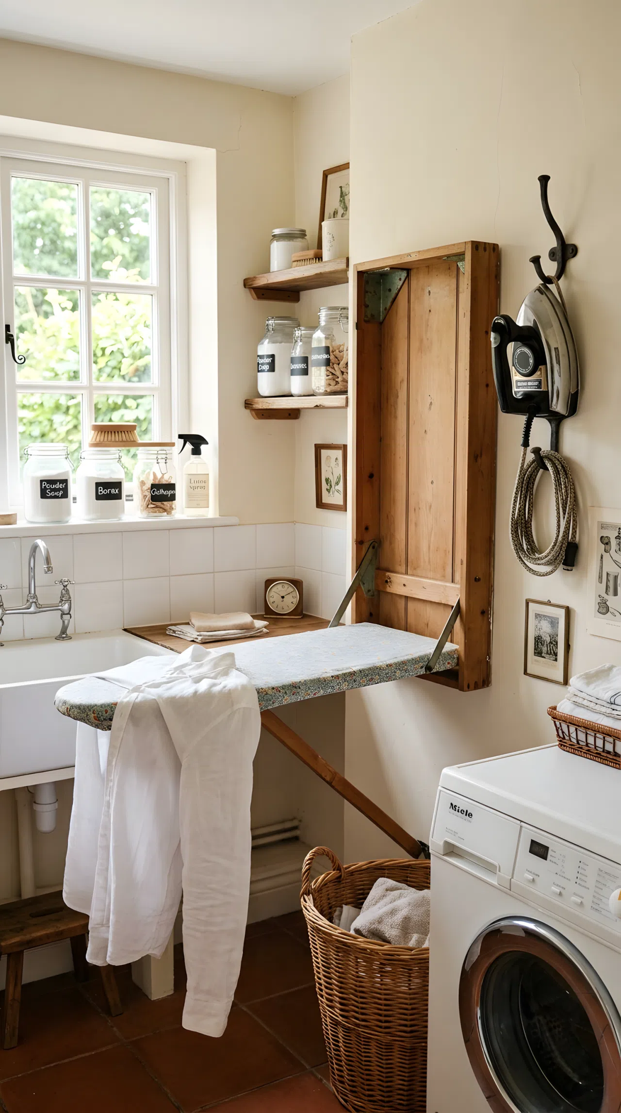 A vintage wall-mounted fold-down ironing board open in a corner of a small laundry room, iron hanging on a nearby hook, neatly arranged, organized, bright natural light, real-life stock photography style, no people