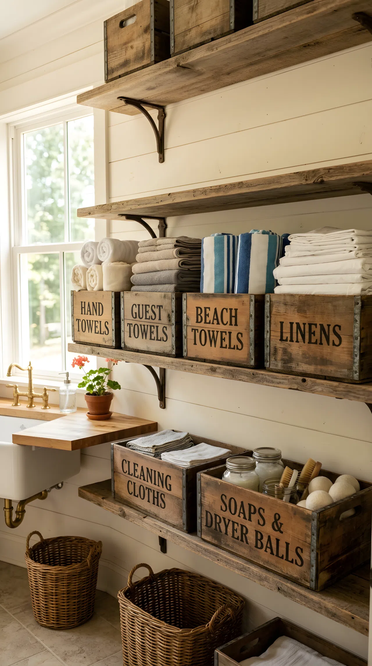 Weathered wooden crates on open wall shelving in a laundry room, filled with neatly rolled towels and folded linens, stenciled labels, beautifully arranged, organized, bright natural light, real-life stock photography style