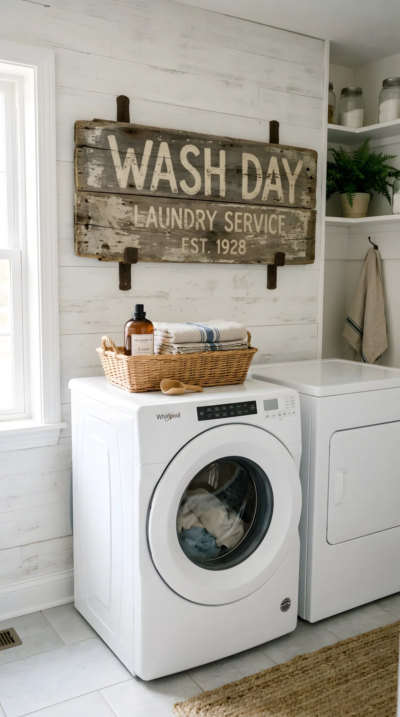 A weathered hand-painted wooden Wash Day sign mounted above a washing machine, faded worn lettering, neatly arranged, clean, bright natural light, real-life stock photography style, no people, no text overlays
