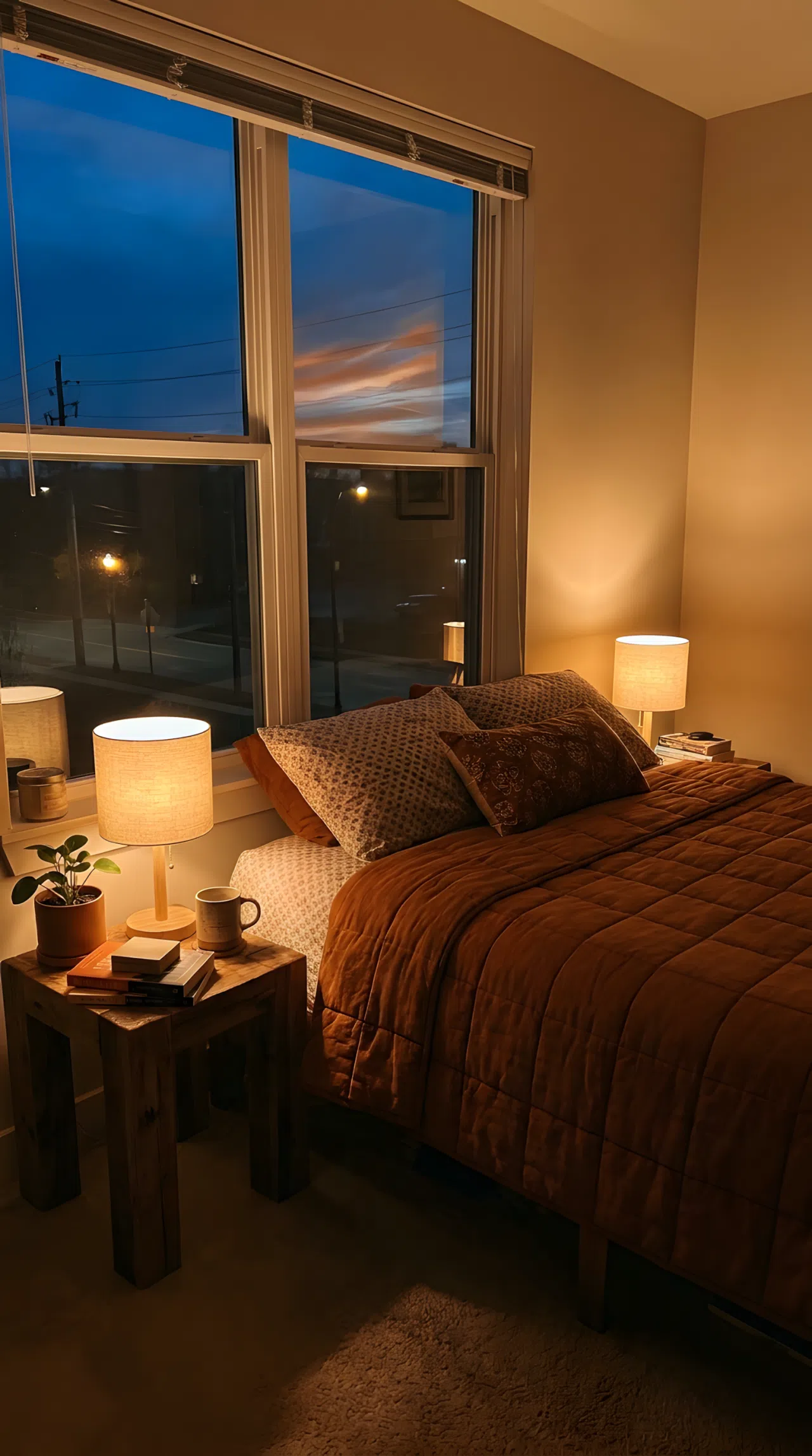 A real-life photography shot of a cozy bedroom at dusk, featuring low-level bedside lamps positioned at eye level next to a neatly made bed. The warm indirect light casts a gentle golden illumination downward across textured wooden nightstands, creating soft shadows and a peaceful ambient glow. Beautifully arranged, organized, clean, bright natural light blending with golden evening light, vibrant color tones.