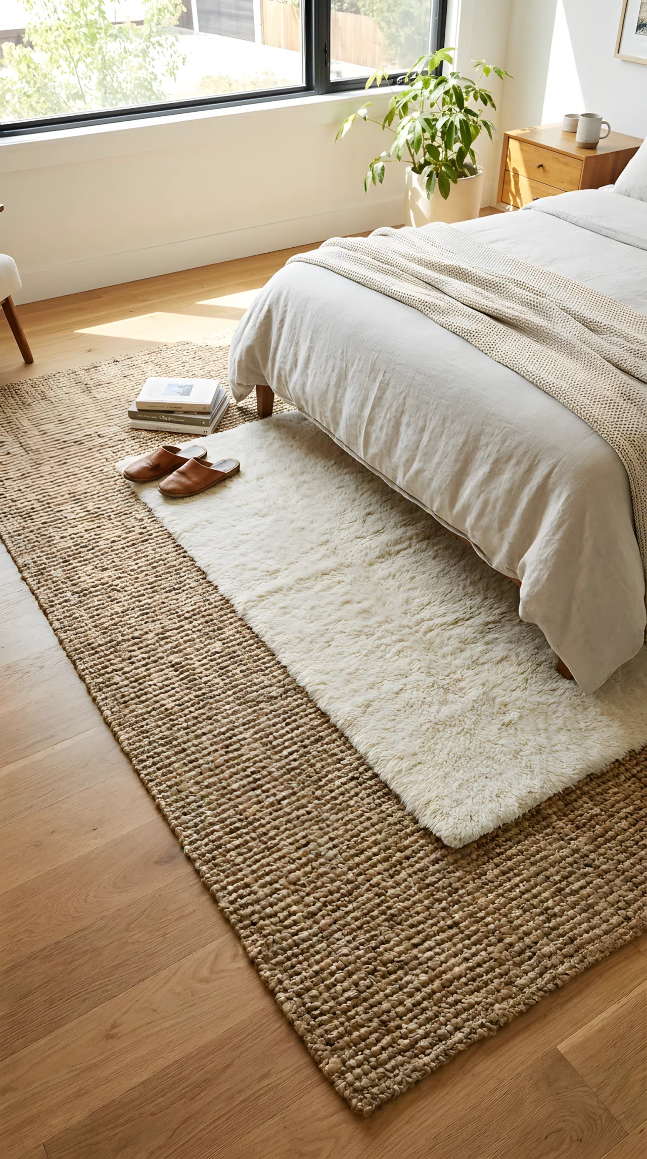 A real-life lifestyle photo of a bedroom floor with a large natural woven jute rug layered under a smaller soft cream wool runner near the bed. Neatly made bed edge visible, clean hardwood floor, organized layout, bright natural light filling the space, vibrant natural textures, practical aesthetic residential setup.