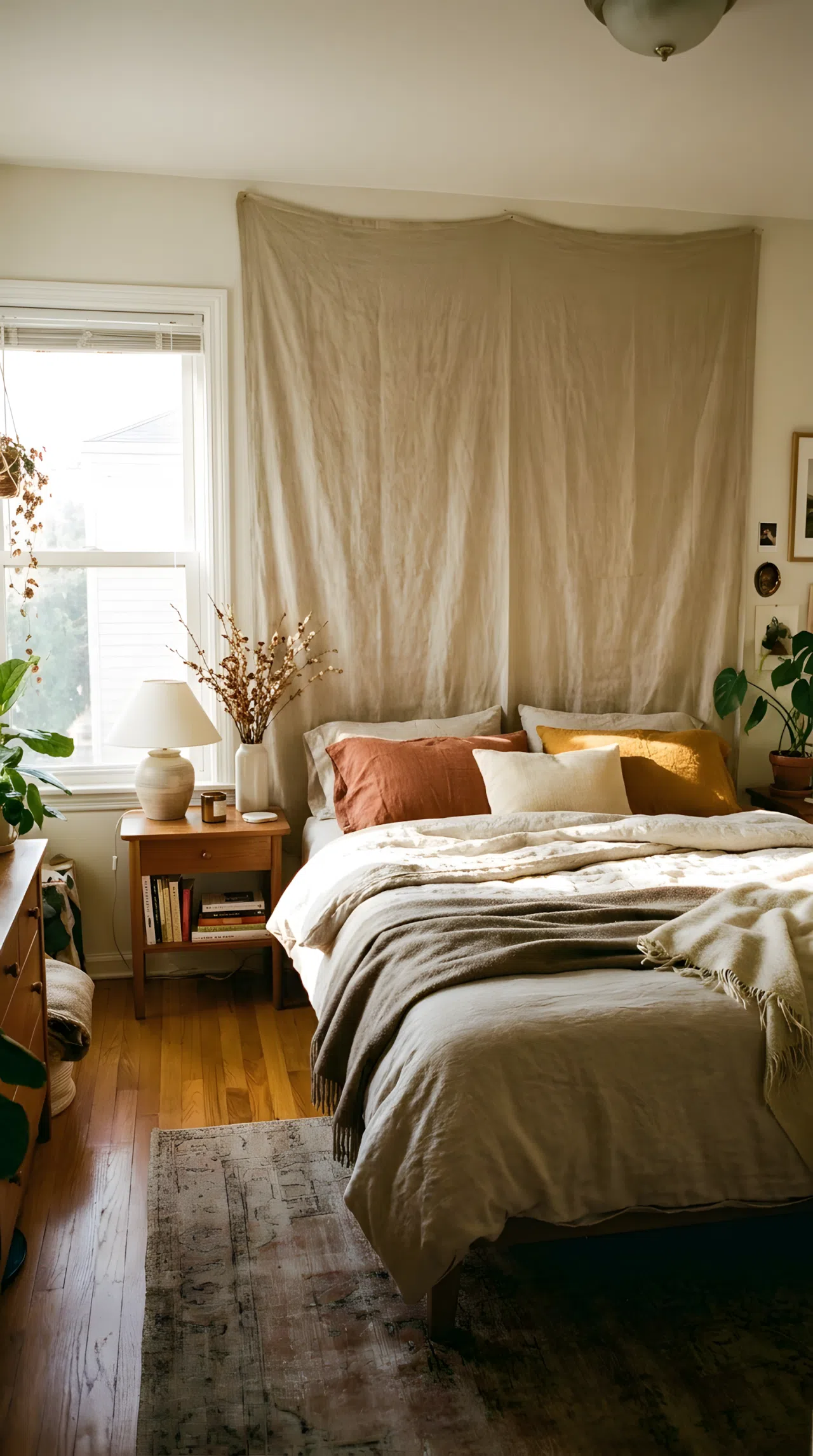 Real-life interior photography of a bedroom featuring a soft natural linen fabric backdrop hanging behind a neatly made bed. Beautifully arranged bedding, organized bedside table, clean floor, bright natural light streaming from a side window, vibrant warm tones, realistic residential home setting.
