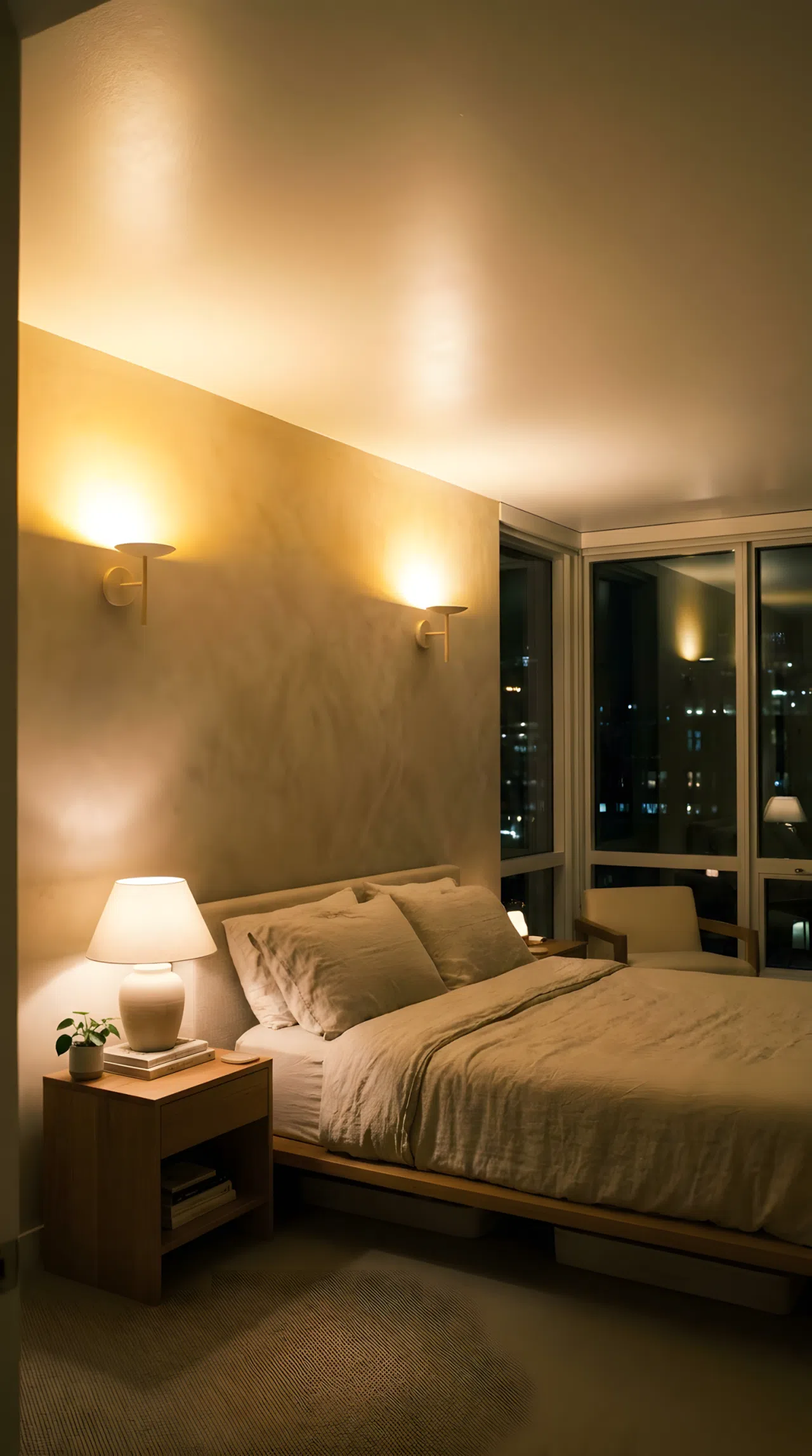 Real-life photography of a modern bedroom at night, featuring sleek wall sconces mounted high on the wall, directing warm golden light upward toward the ceiling. The bounced light creates a soft warm indirect illumination across the room, casting gentle shadows over a neatly made bed and clean nightstand. Beautifully arranged, organized, bright warm glow effect.