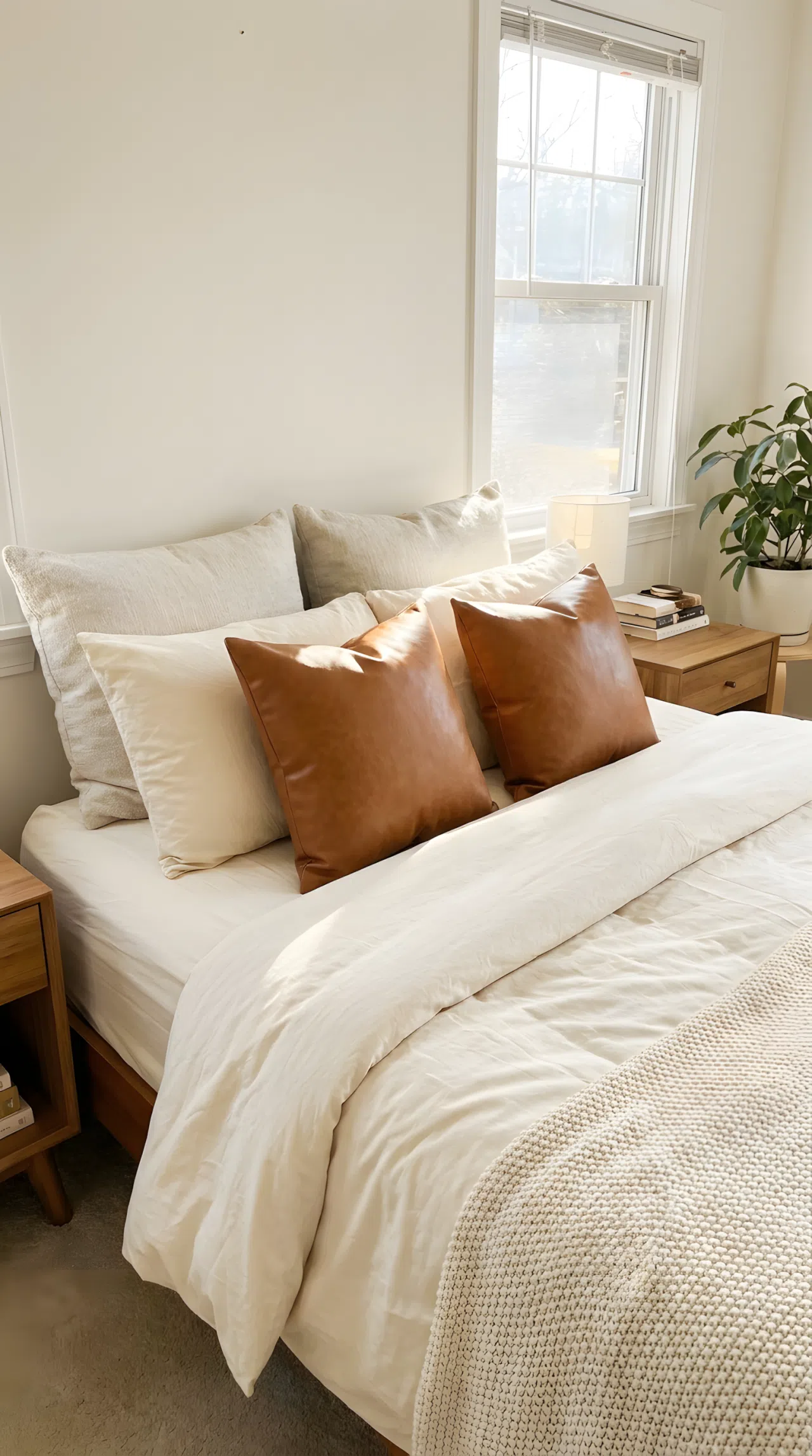 Real-life photography of a cozy bedroom bed, neatly made with cream sheets in warm cream RGB(248, 243, 230) and rich caramel leather accent pillows in caramel RGB(195, 114, 53). Beautifully arranged decorative pillows, organized, clean background wall, bright natural light filling the space, vibrant rich colors, authentic home interior.