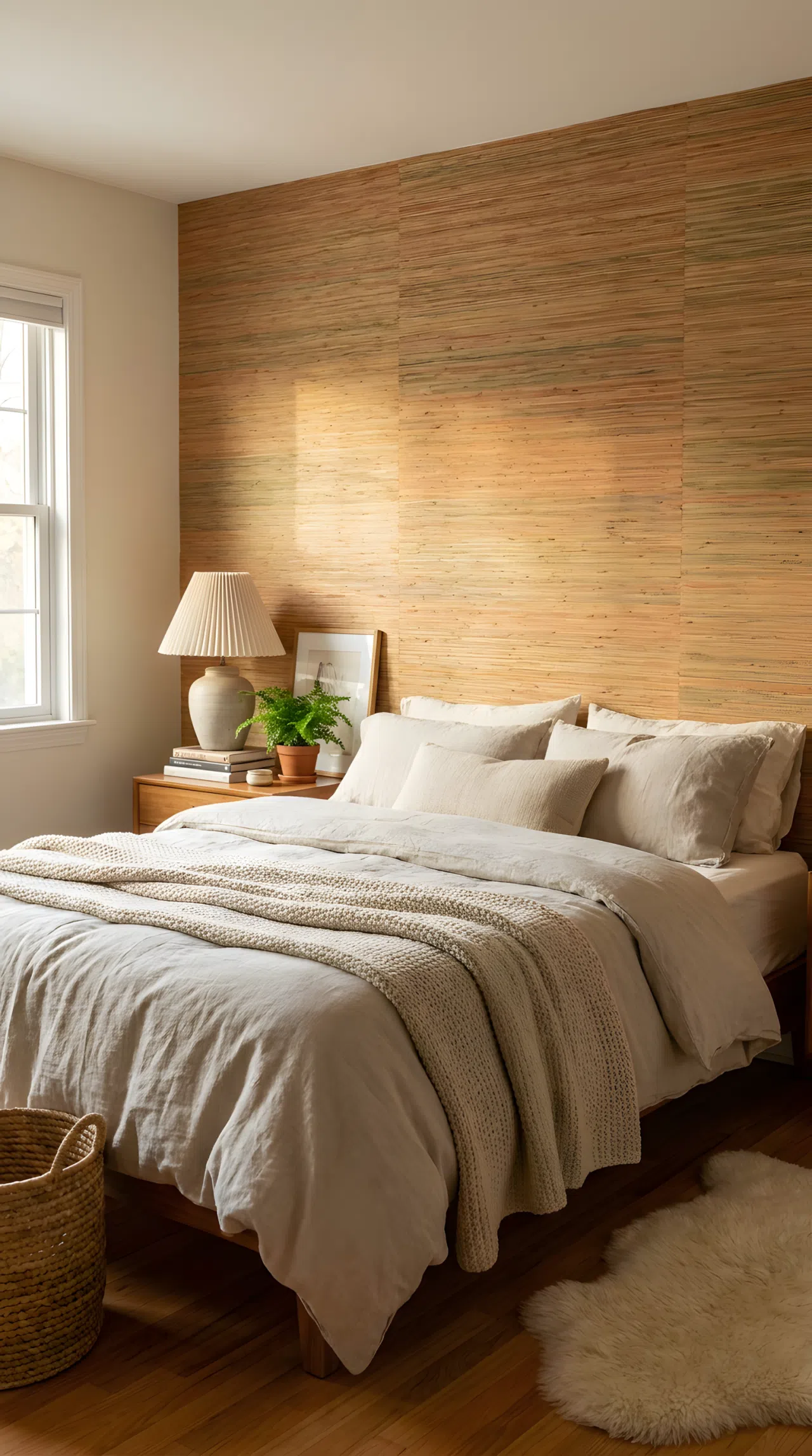 Real-life stock photo of a cozy bedroom with an accent wall covered in textured warm grasscloth wallpaper. The bed is neatly made with soft neutral linens resting against the wall. Beautifully arranged, organized bedside decor, clean atmosphere, bright natural light highlighting the organic wall texture, vibrant warm earthy tones.