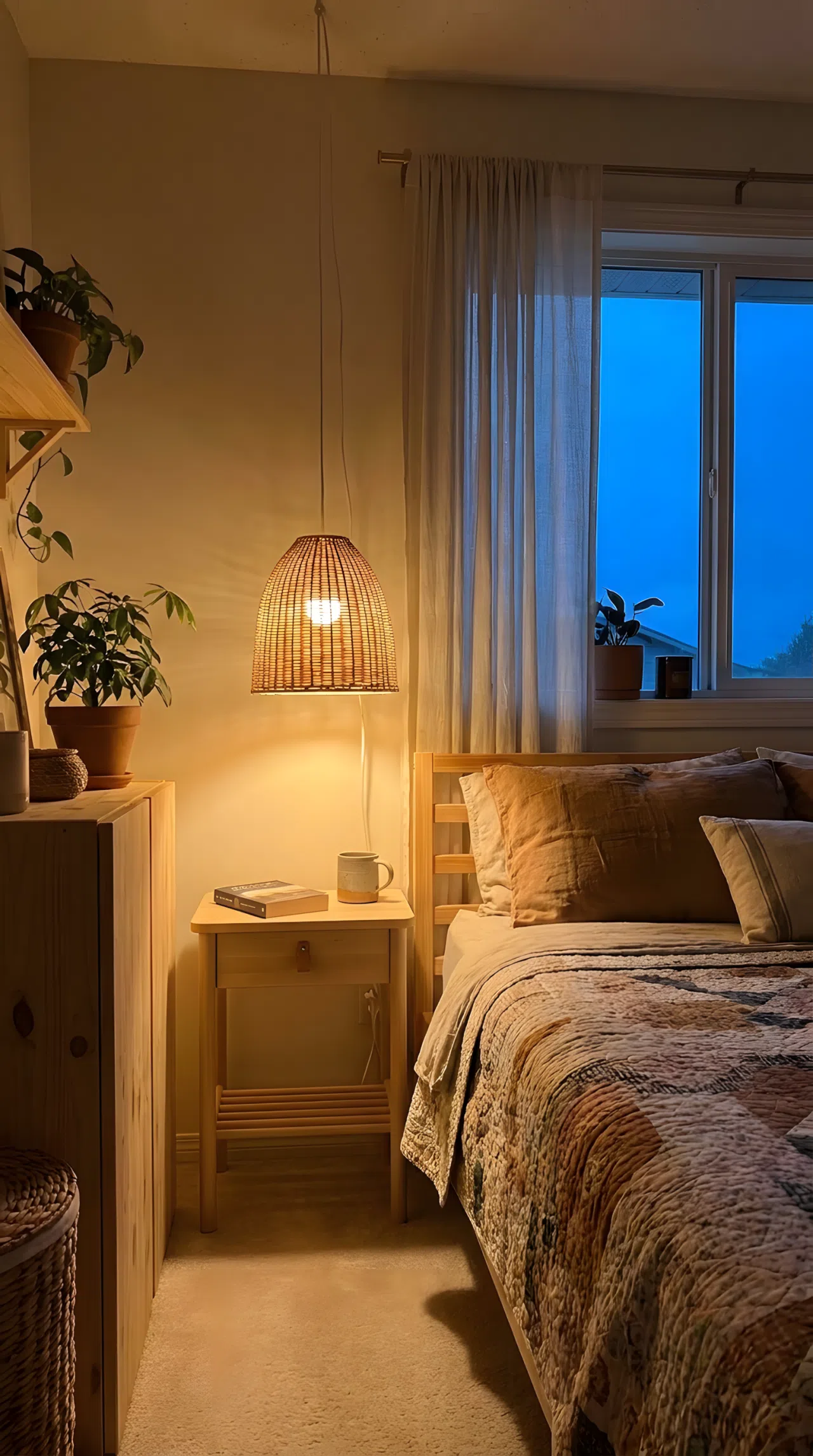 A real-life photography shot of a cozy bedroom at dusk, featuring a low-hanging rattan pendant light positioned directly over a clear wooden nightstand. The warm light casts a focused downward pool of golden glow onto a neatly made bed next to it. Beautifully arranged, organized, clean, bright natural light blending with warm evening glow, vibrant natural tones, practical interior setup.