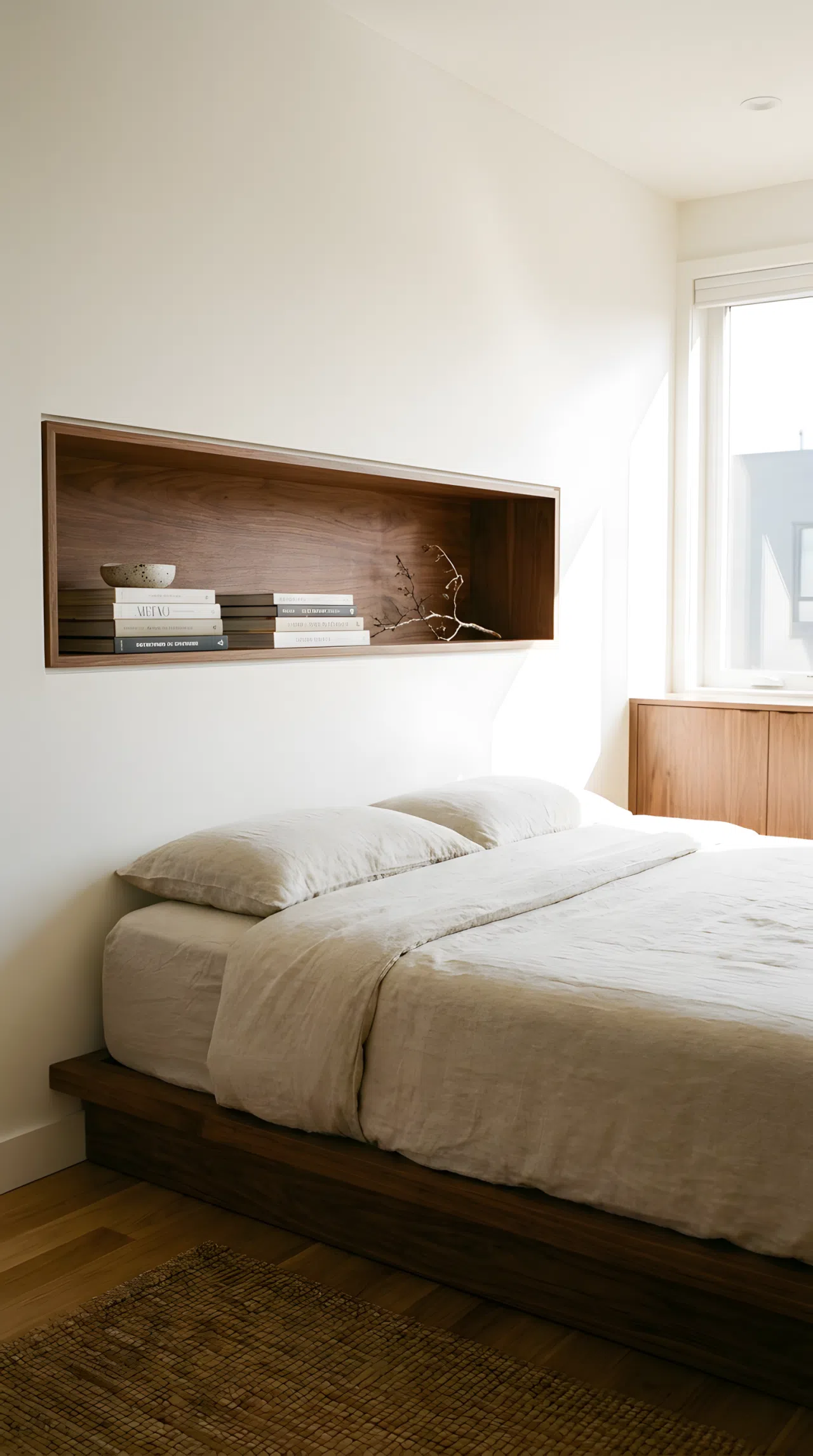Real-life interior photography of a warm minimalist bedroom featuring a recessed wooden niche in the wall above the headboard. The niche holds neatly arranged books and a small ceramic dish. The bed is neatly made below it, organized, clean, bright natural light filling the room, vibrant wood tones, practical functional bedroom layout.