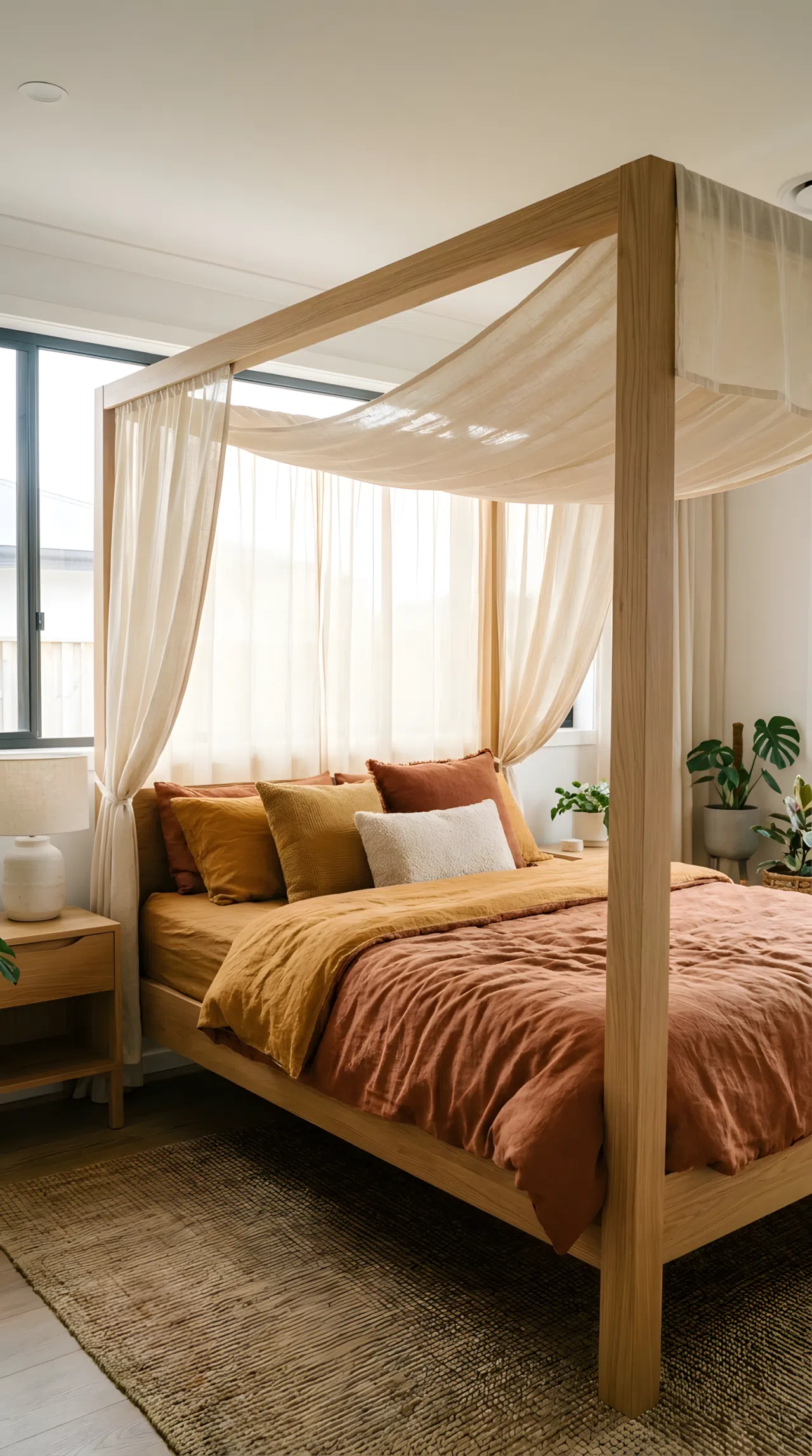 A real-life photography shot of a minimalist wooden canopy bed draped with light sheer linen fabric. The bed is neatly made with warm-toned cotton duvet covers and beautifully arranged pillows. Organized, clean, bright natural light filtering softly through the sheer fabric, vibrant warm tones, realistic bedroom decor.