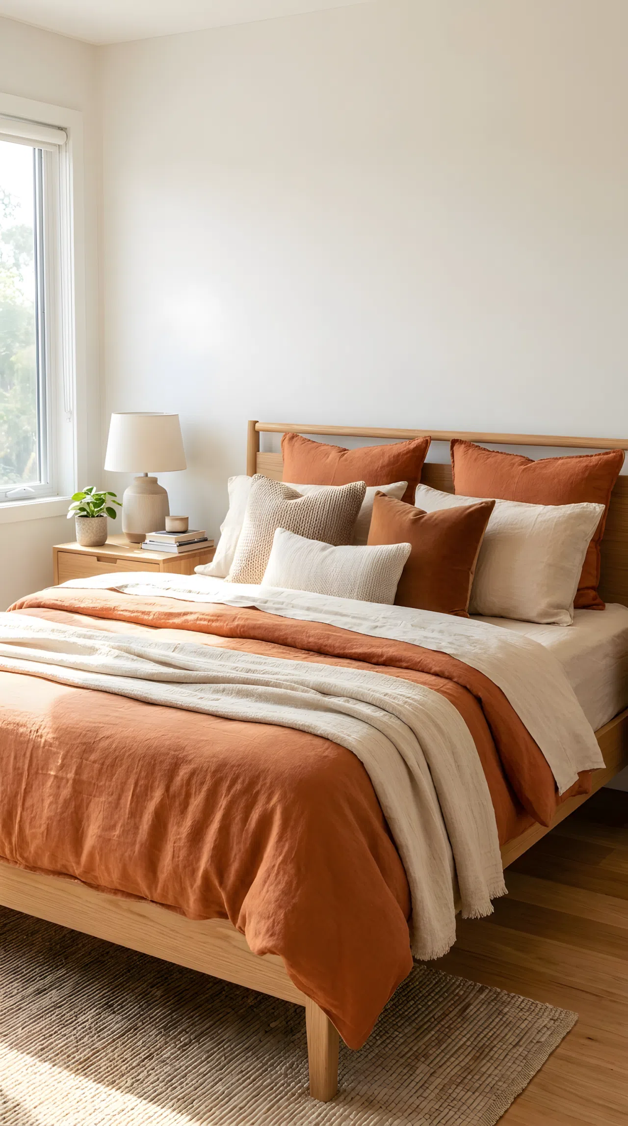 A bright real-life photography stock photo of a modern bedroom bed, neatly made with soft layered textured linen bedding in rich terracotta RGB(204, 78, 36) and warm beige RGB(245, 235, 220). Beautifully arranged decorative pillows rest against a clean wall. Organized, clean, bright natural light streaming from a side window, vibrant rich colors, real-life practical home setting.