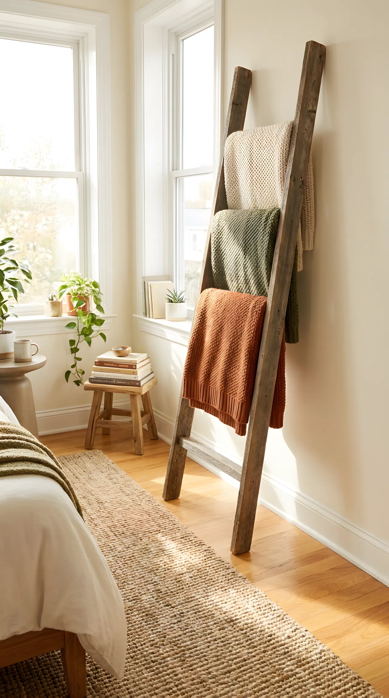 Real-life lifestyle photography of a cozy bedroom corner featuring a rustic wooden blanket ladder leaning against a clean wall. Neatly hung soft knit throw blankets drape gracefully over the rungs. Clean floor, beautifully arranged, organized, bright natural light pouring from a nearby window, vibrant natural wood tones, residential home setting.