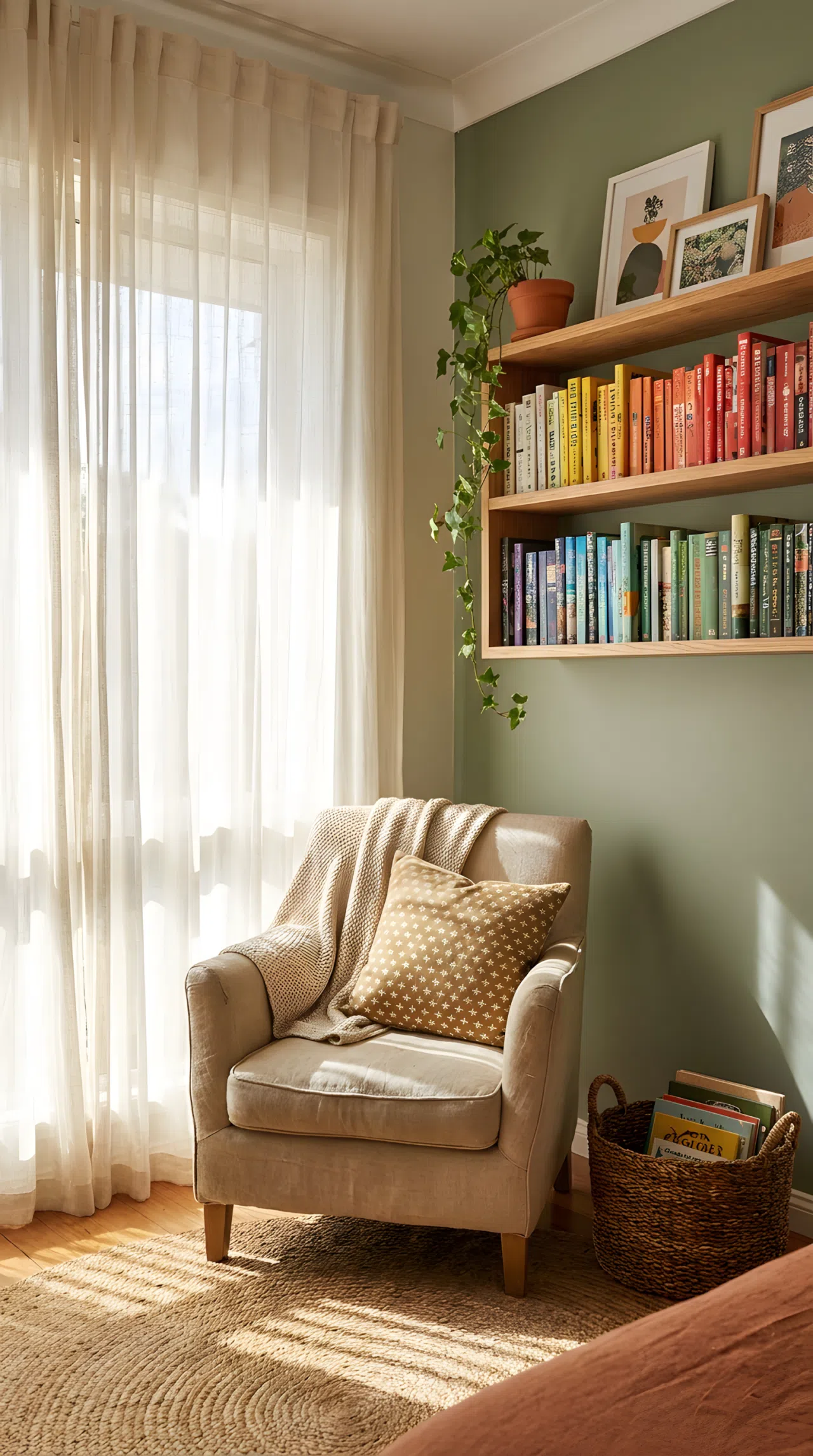 Real-life stock photography of a cozy bedroom reading corner in a bright sunlit room. A plush armchair sits beside an organized floating wooden bookshelf filled with neatly arranged books and a small potted plant. Clean floor, neatly made seat cushion, organized storage, bright natural light pouring through sheer curtains, vibrant earthy tones, practical residential decor.