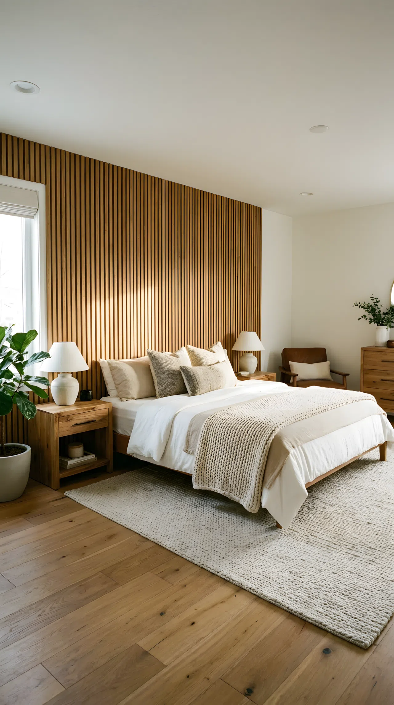 Real-life interior photography of a primary bedroom featuring a focal accent wall made of warm oak wooden slats. The bed is neatly made with crisp neutral linens and beautifully arranged pillows. Bright natural light shines onto the organized wooden wall texture, clean floor, vibrant warm wood tones, functional and modern rustic bedroom space.