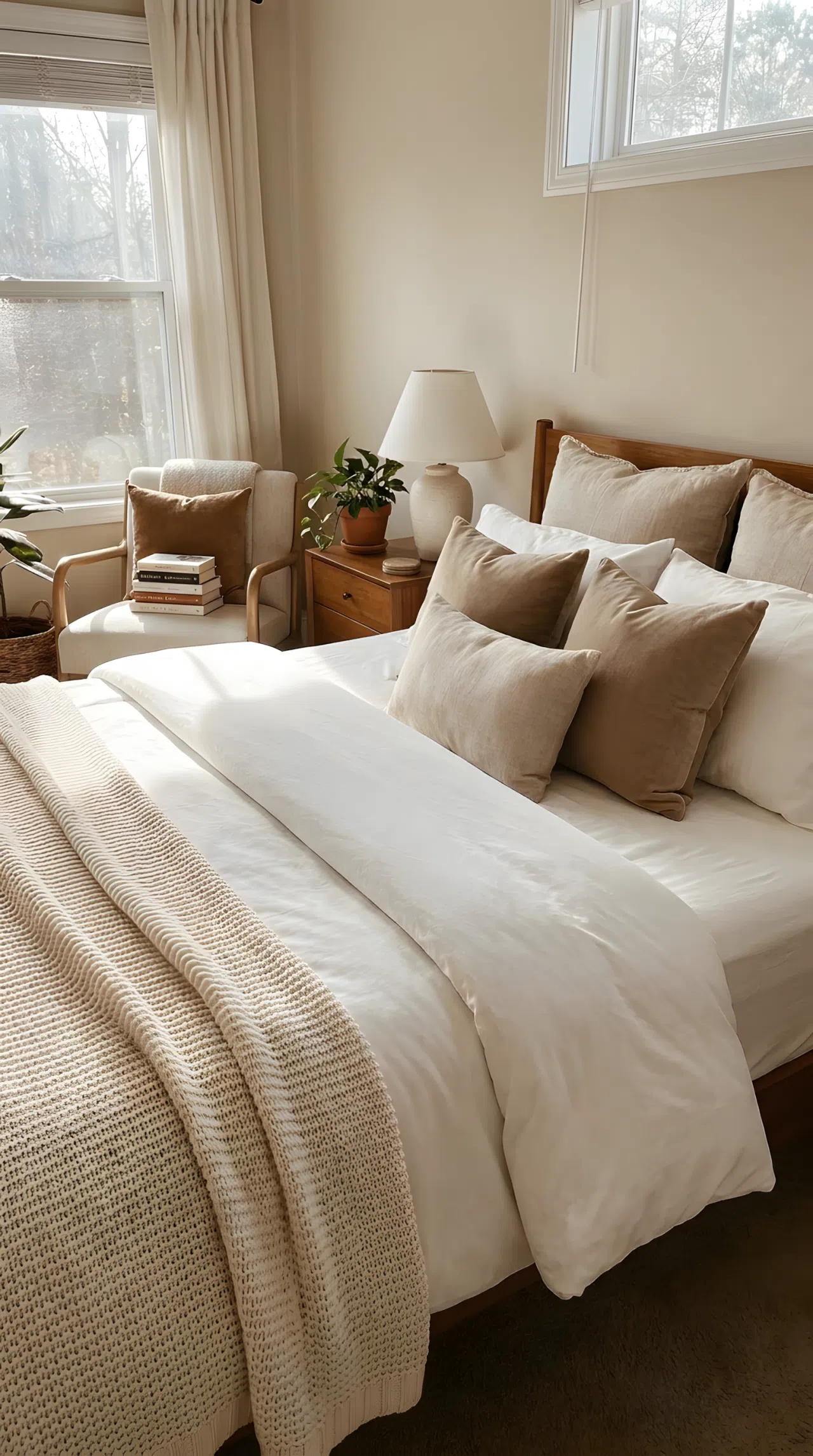 Real-life lifestyle photography of a neatly made bed draped with a soft cream-colored chunky knit throw blanket across the foot of the mattress. Beautifully arranged pillows on smooth sheets, organized and clean bedroom setting, bright natural light streaming from a nearby window, vibrant cozy warm tones, real residential home interior.