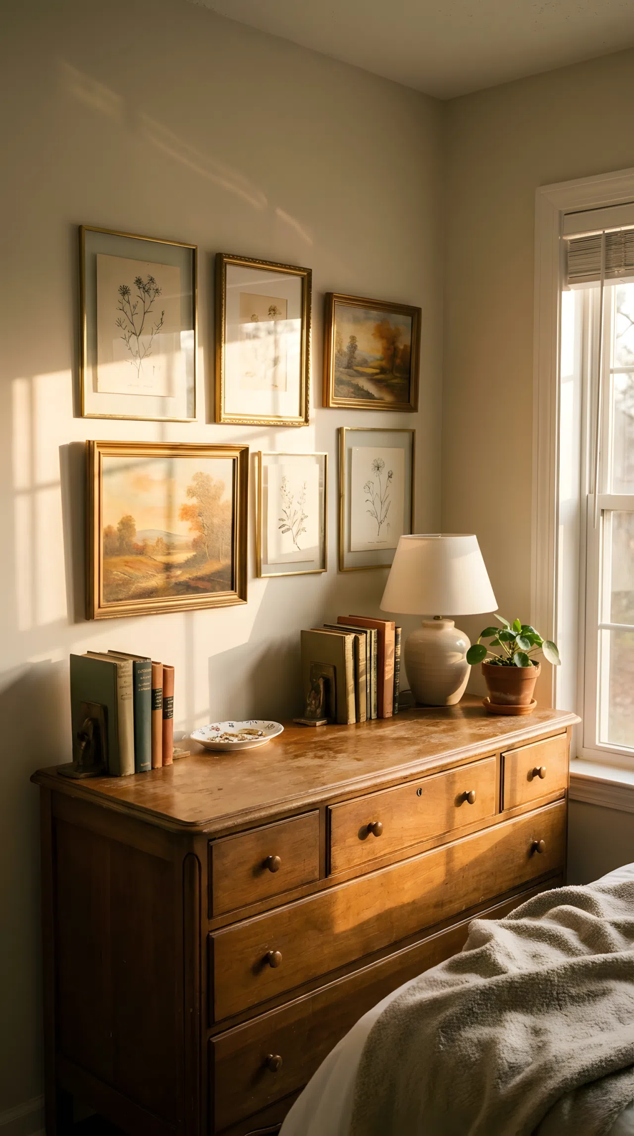 A real-life photography shot of a warm bedroom gallery wall above a vintage wooden dresser. Beautifully arranged thrifted brass frames contain botanical sketches and warm landscape art. Neatly made surface with a small porcelain dish, organized and clean, bright natural light streaming from a side window, vibrant warm tones, real residential home interior.