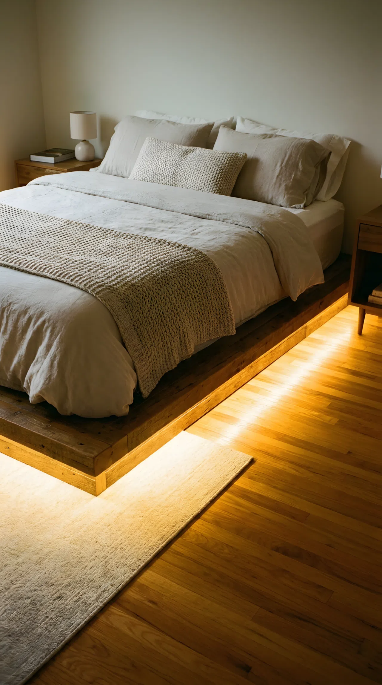 Real-life interior photography of a bedroom at night, showing soft warm indirect lighting installed under the wooden bed frame. The low-level illumination casts a gentle golden light downward onto a clean hardwood floor, illuminating the floor perimeter without glare. Neatly made bed, organized bedside table, clean atmosphere, vibrant warm glow effect.