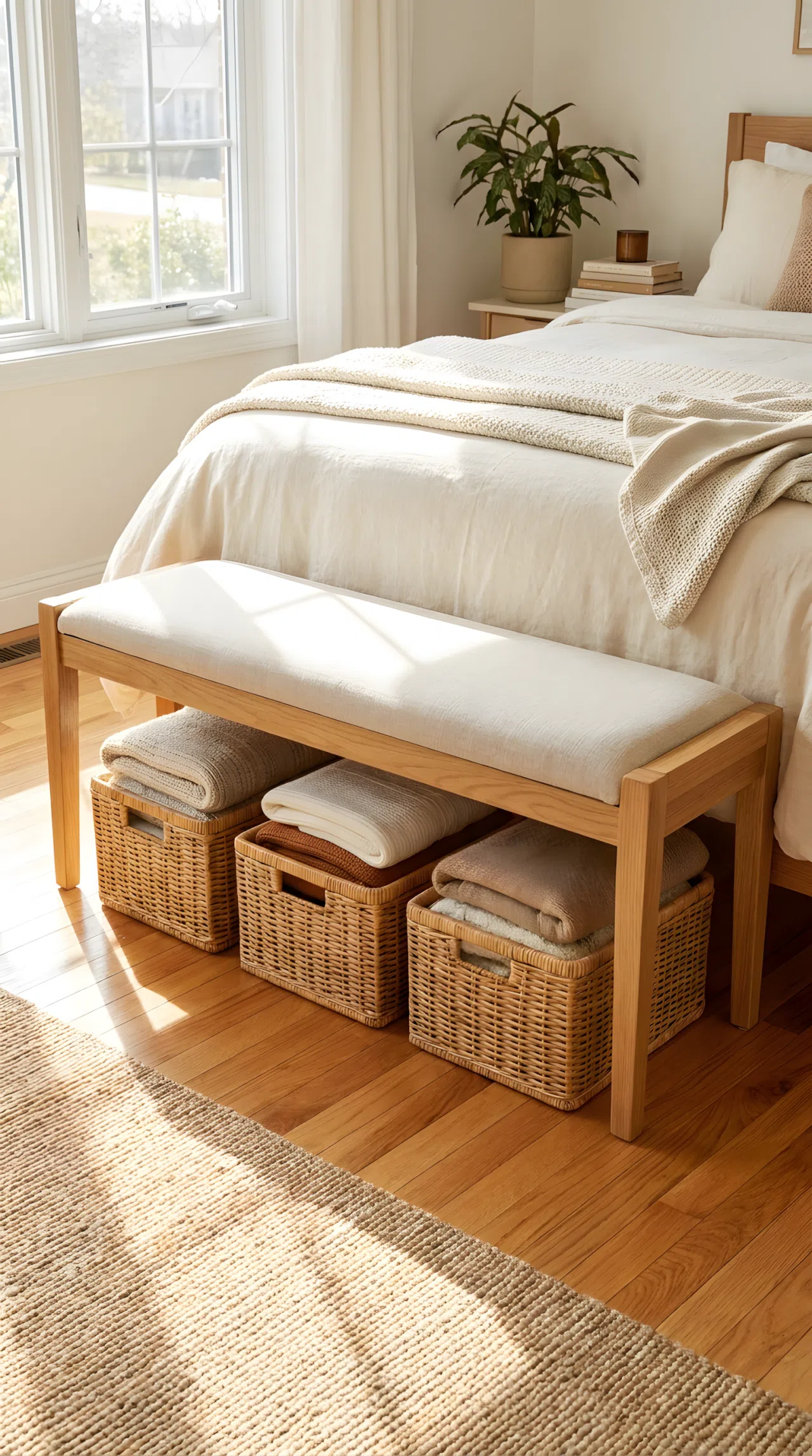 A bright real-life stock photo of a cozy bedroom foot-of-bed bench with organized woven rattan storage baskets underneath. The bed is neatly made, and the natural fiber baskets hold folded blankets cleanly. Beautifully arranged, organized, clean floor, bright natural light, vibrant natural wood and woven tones, practical bedroom storage setting.