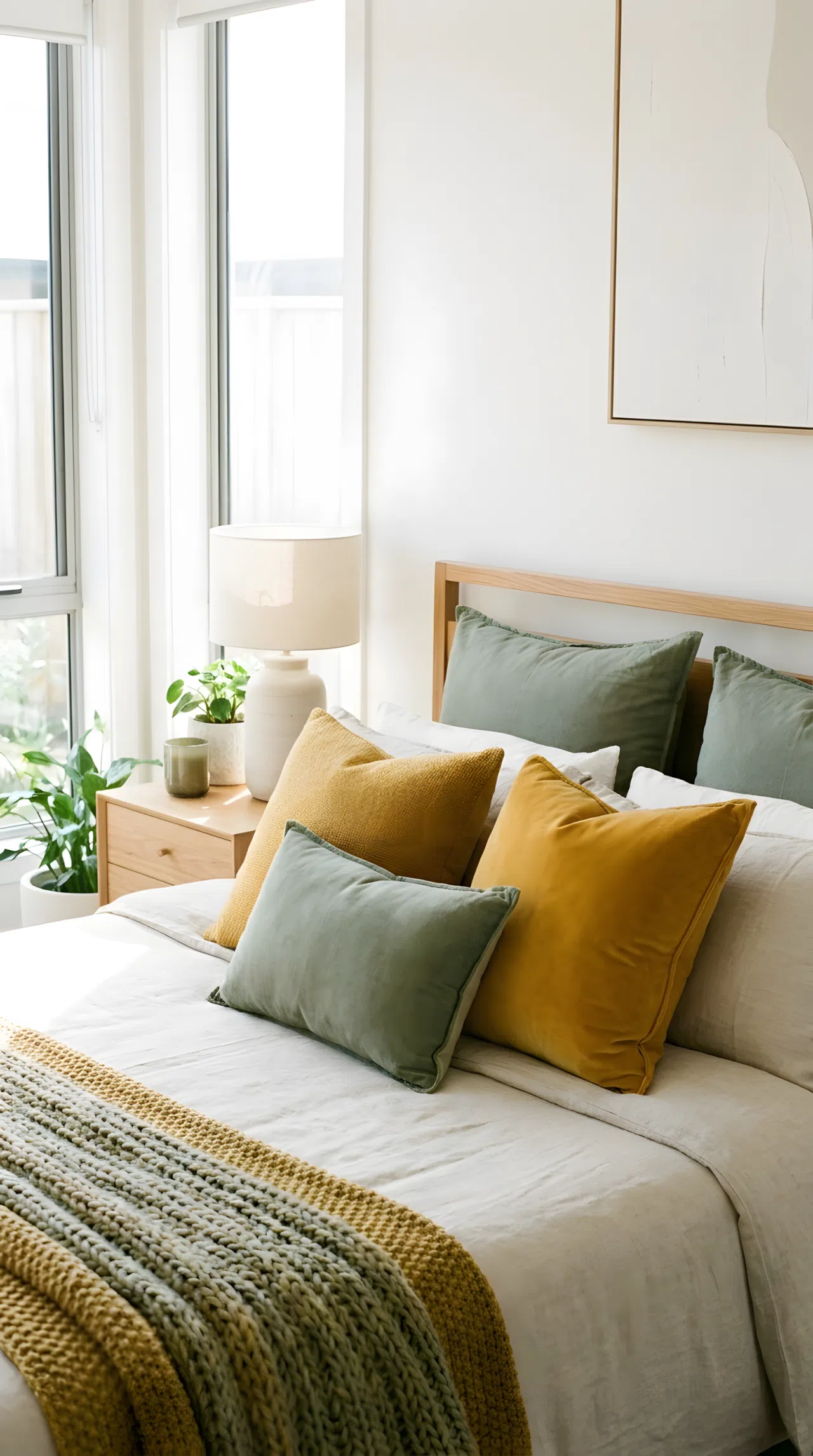 A real-life photography shot of a neatly made bed featuring layered decorative cushions in rich mustard yellow RGB(229, 169, 59) and muted sage green RGB(138, 154, 134) against neutral linen sheets. Beautifully arranged, clean wall background, organized setting, bright natural light pouring from a window, vibrant earthy color palette, residential home interior.
