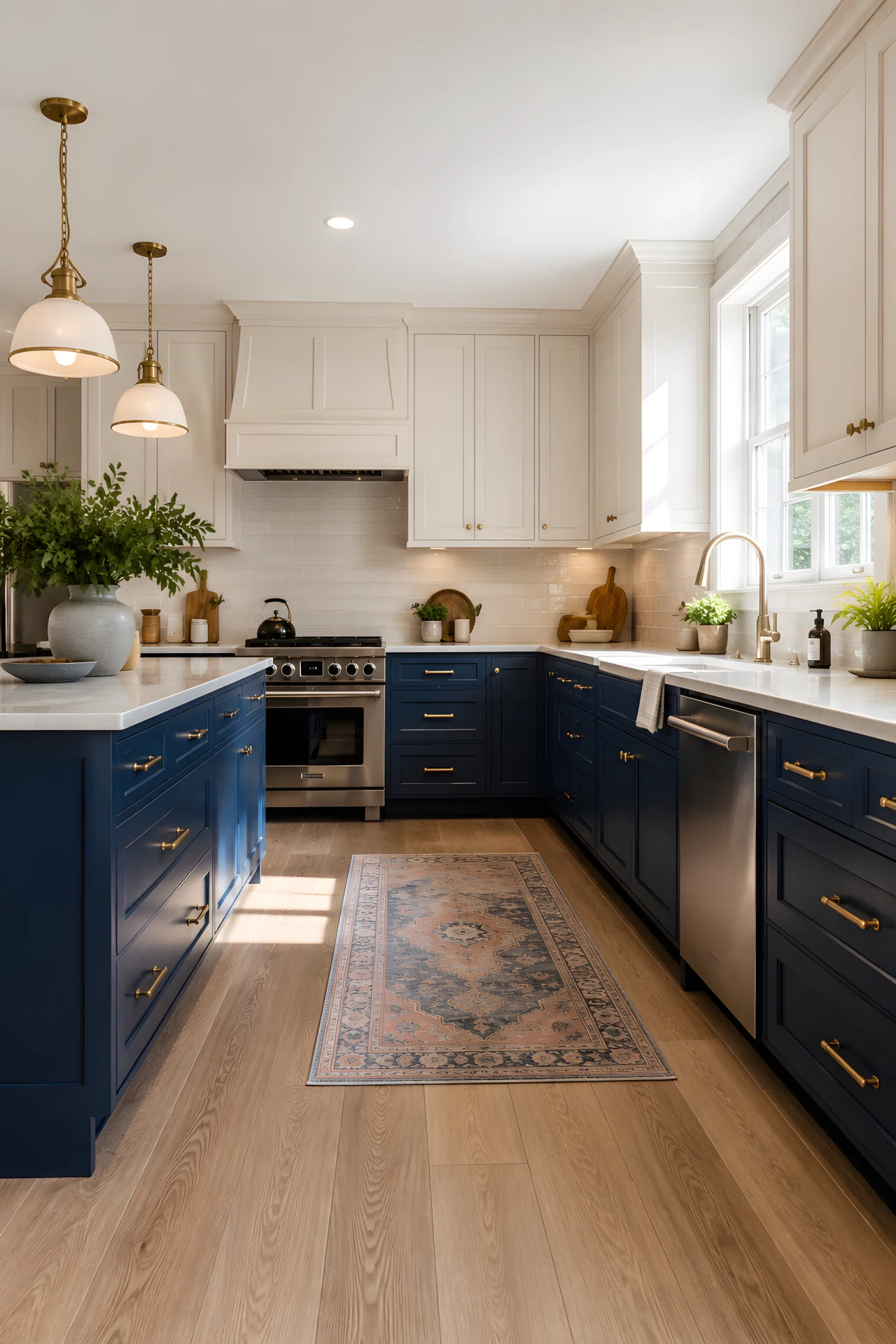Wide-angle stock photograph of a kitchen with two-tone cabinets, deep navy blue (RGB 26,54,93) lower cabinets and soft ivory white (RGB 245,240,230) upper cabinets, brass hardware, natural light streaming from a large window, dramatic low camera angle capturing the full room, vibrant colors, photographic realism, no illustration.