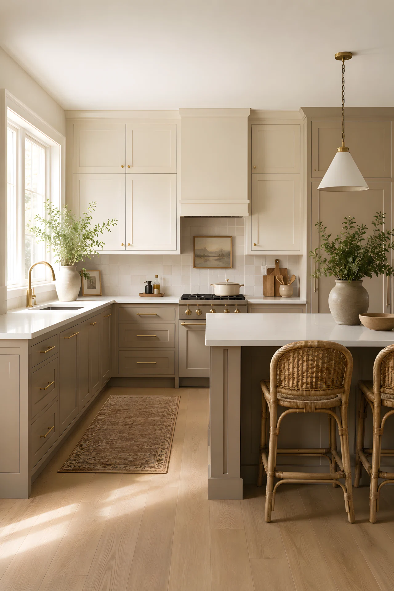 Wide-angle stock photograph of a warm neutral kitchen, cabinets painted in soft taupe (RGB 191,171,145) and cream (RGB 240,230,210), brass pulls, wide camera angle showing full room, morning natural light, vibrant warm tones, photographic realism, no illustration.
