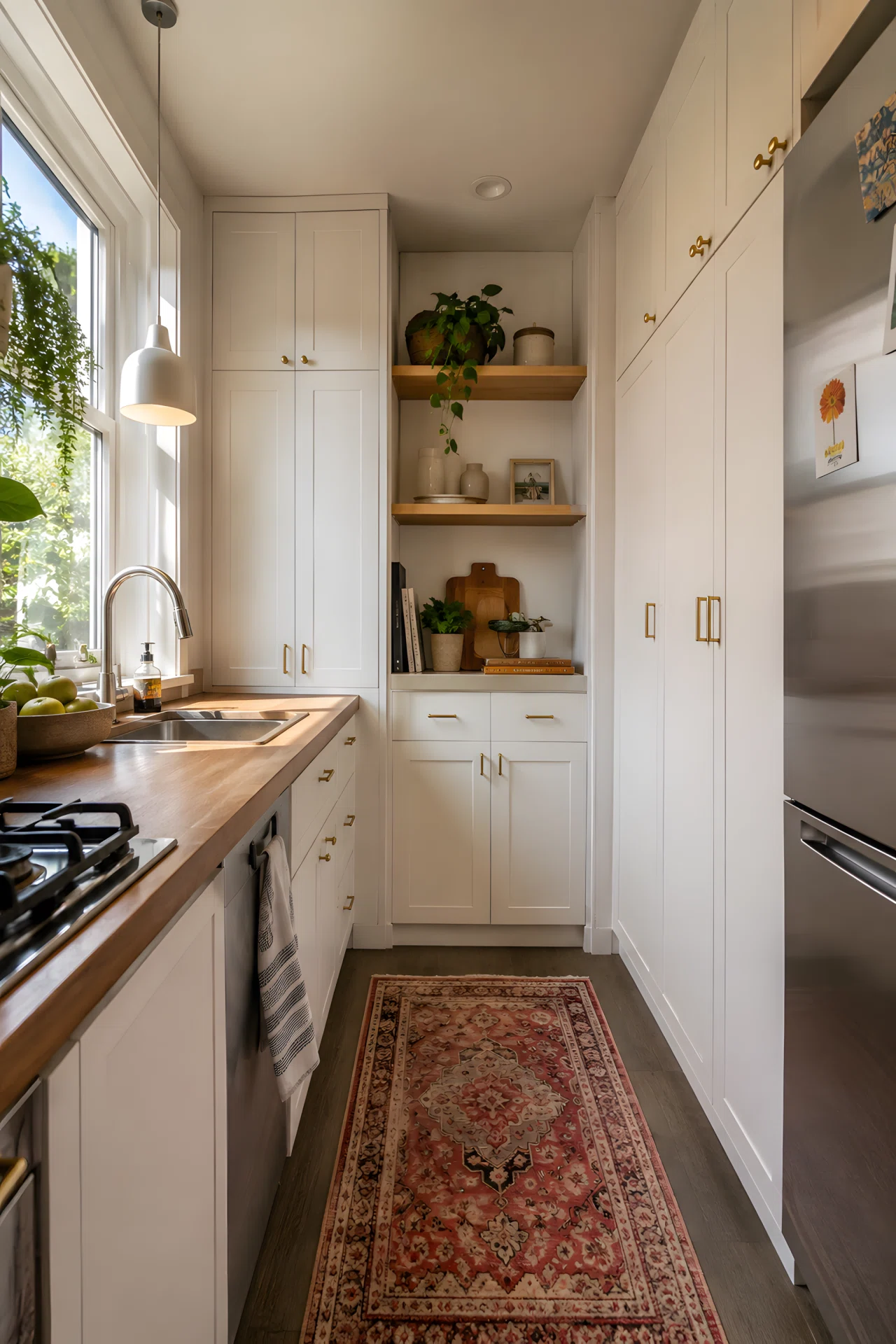 Wide-angle stock photograph of a small kitchen with floor-to-ceiling white cabinets, neatly arranged open shelf with a few plants, dramatic low wide camera angle showing full compact room, bright natural window light, vibrant colors, photographic realism, no illustration.