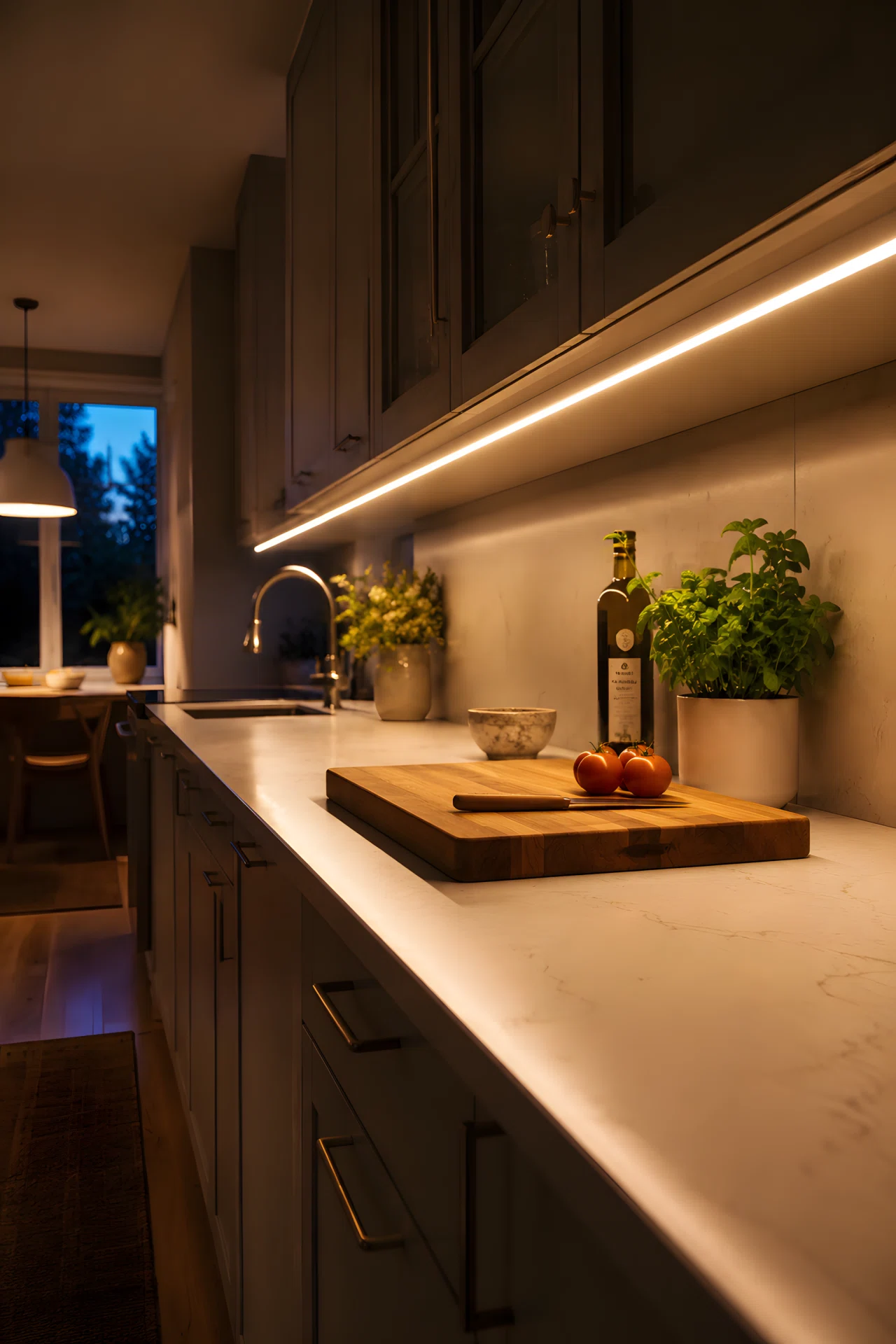 Wide-angle stock photograph of a kitchen counter at dusk, LED strip light positioned along the front edge of upper cabinets casting a bright downward glow directly onto the countertop and cutting board, rest of the kitchen softly lit, dramatic wide camera angle, vibrant warm light, photographic realism, no illustration.