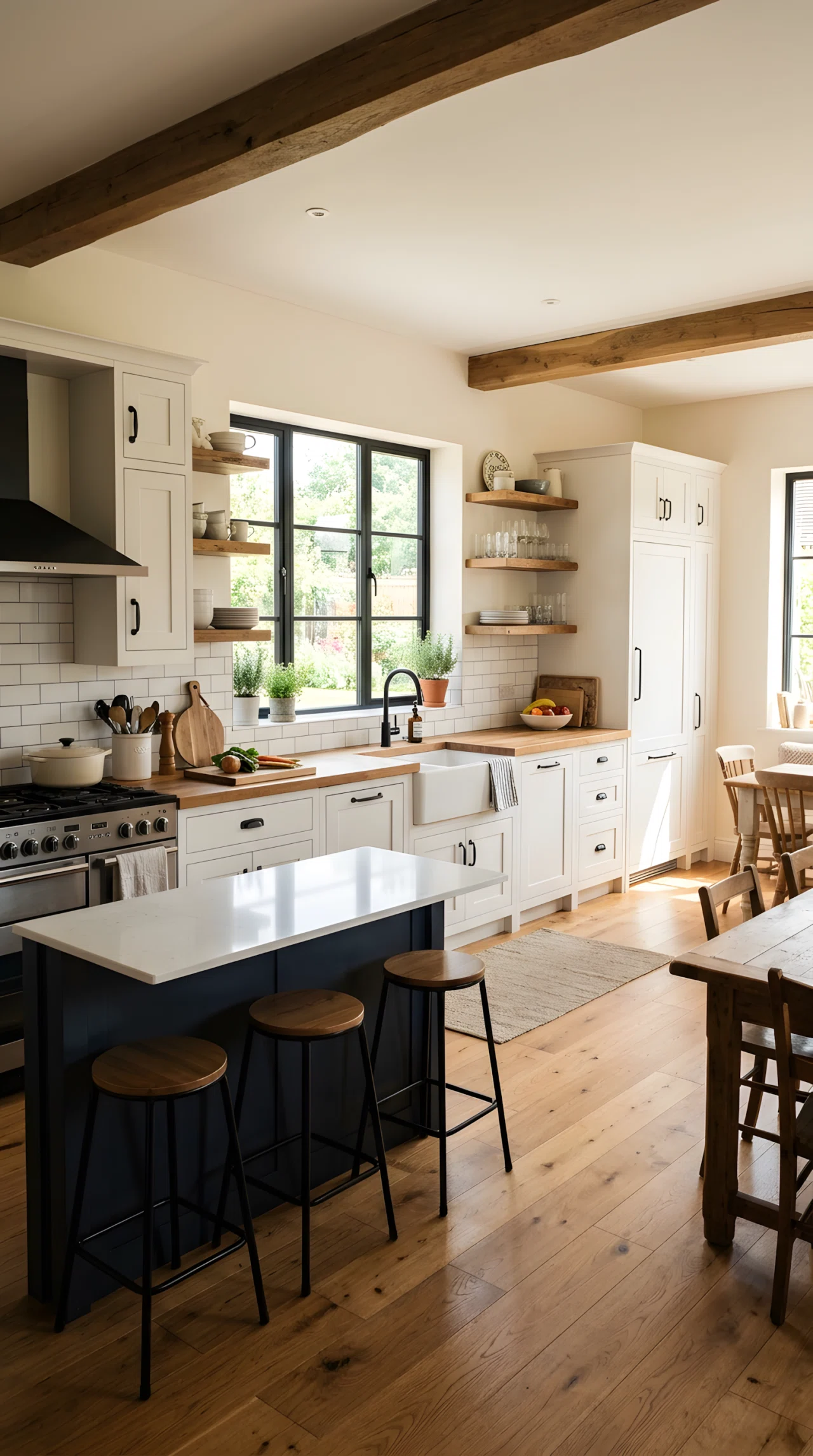 Wide-angle stock photograph of a modern farmhouse kitchen with white shaker-style cabinet doors, black iron hardware, wide camera angle capturing full room including a farmhouse sink, soft natural window light, vibrant warm tones, photographic realism, no illustration.