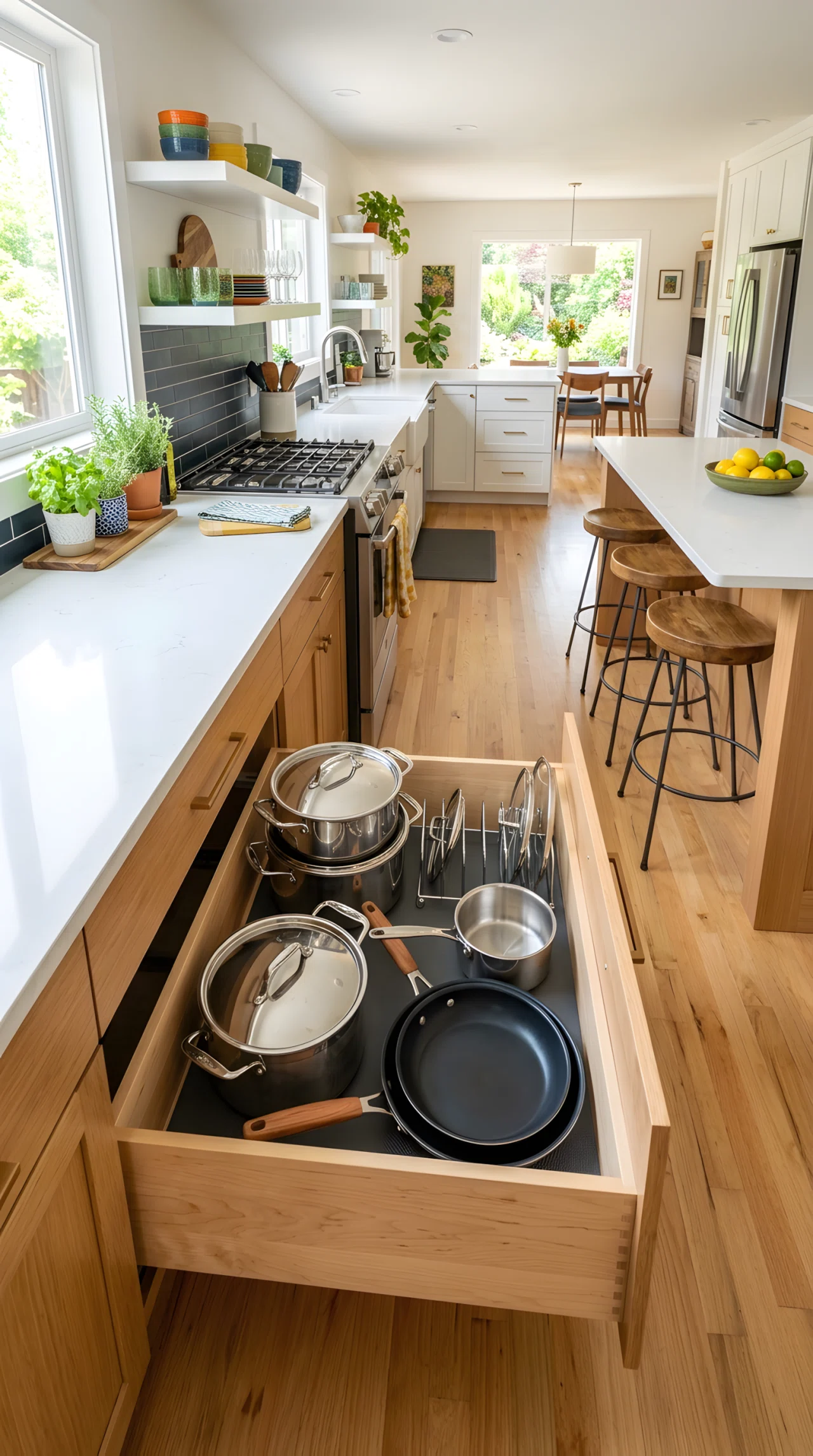 Wide-angle stock photograph of a kitchen with deep charcoal black lower cabinets (RGB 33,33,33) and pale limestone white upper walls (RGB 235,230,222), brushed gold hardware, dramatic wide camera angle showing full room, bright natural light contrast, vibrant tones, photographic realism, no illustration.